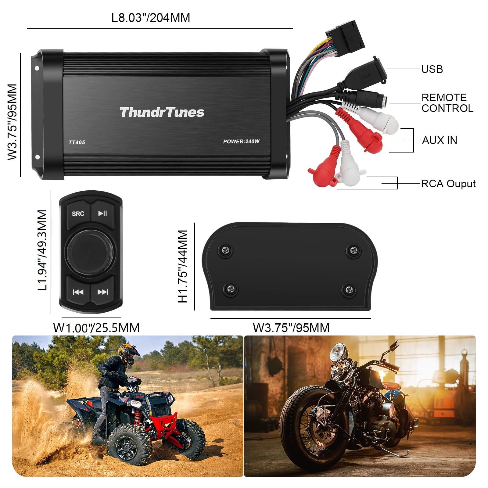 ThundrTunes ThundrTunes Marine Powersport Bluetooth Amplifier Audio System with 2pcs White Speakers, Class D 60W x 4 CH, Switch Mount, Suitable for Motorcycle, UTV, ATV, Boat