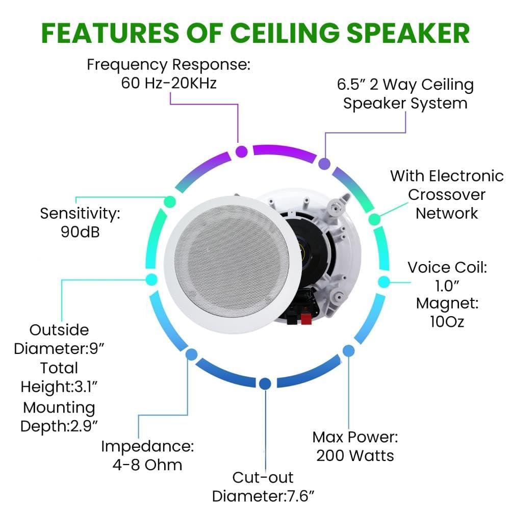Vaiyer Vaiyer Home Stereo System Kit - 7.2 Channel 4500 Watts Bluetooth Amplifier with 8 Qty of 6.5" Ceiling Speakers 200W Each, Mic, 16 AWG 500 ft. Speaker Wire & Remote for Home, Bar, Office, Restaurant