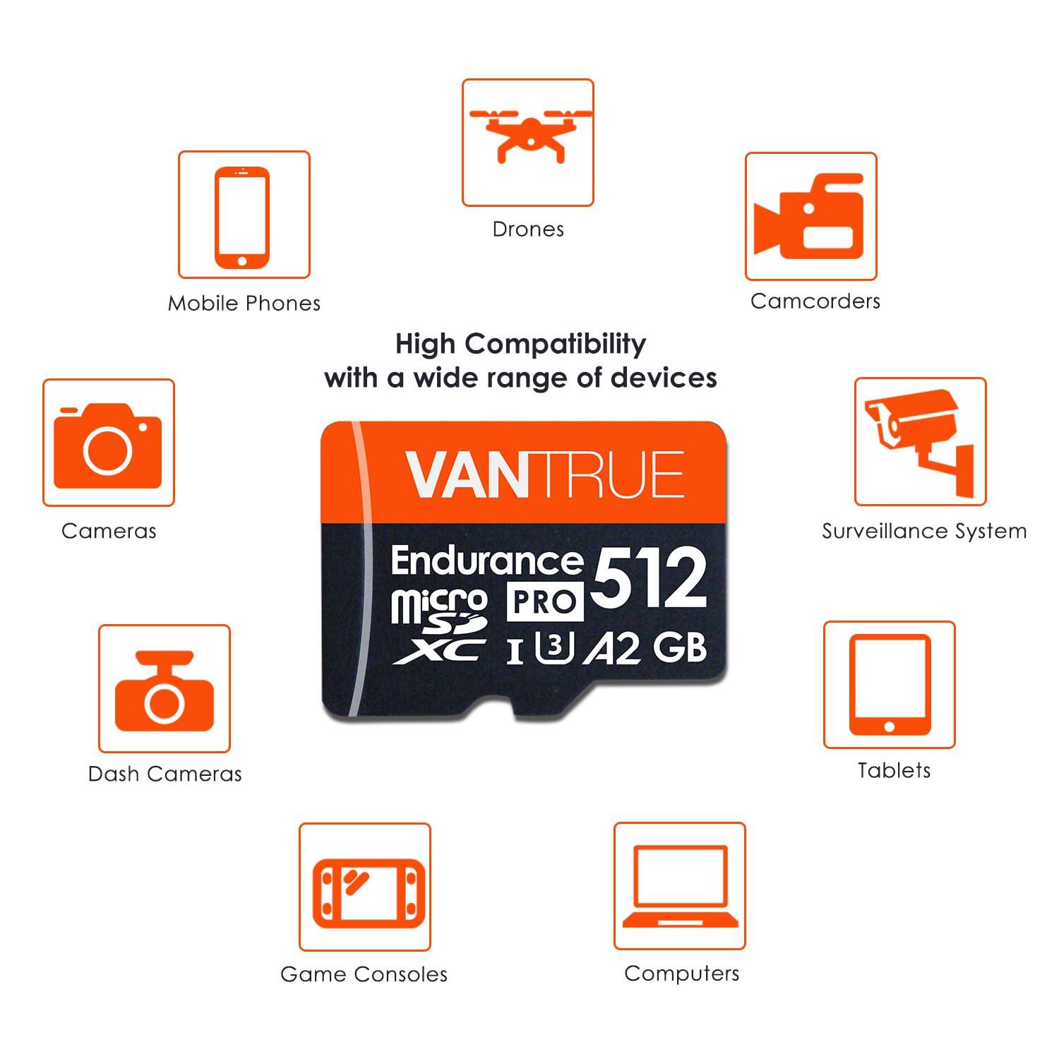 VANTRUE Vantrue 512GB microSDXC UHS-I U3 4K UHD Video High Speed Transfer Monitoring SD Card with Adapter for Dash Cams, Body Cams, Action Camera, Surveillance & Security Cams