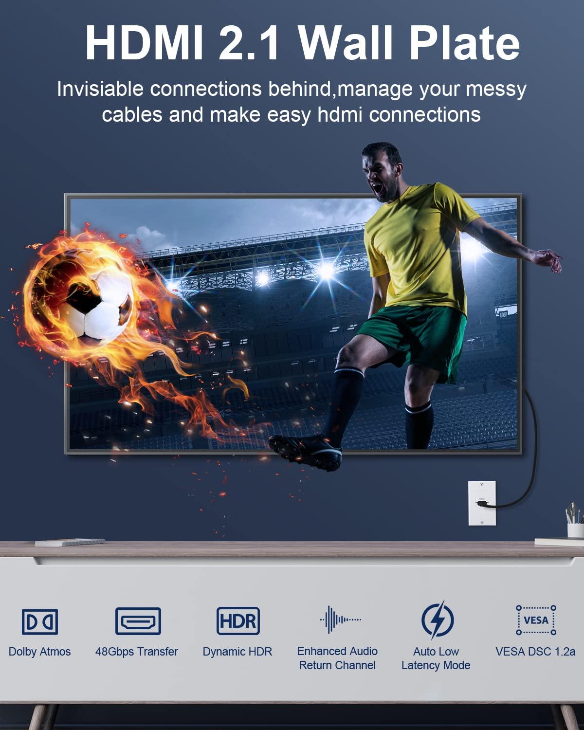 ELECTOP HDMI 2.1 Wall Plate, ELECTOP 8K HDMI Wall Outlet Pass Through with Low Voltage Metal Mounting Bracket, Supports 8K@60Hz and 4K@120Hz, 3D, HDR, 48 Gbps HDMI Box, Fits Home Theater Systems