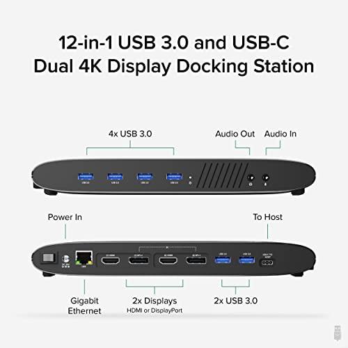 Plugable Plugable Universal Laptop Docking Station, 4K Dual Monitor, DisplayPort or HDMI, Windows Mac or ChromeOS Laptops, USB-C or USB 3.0, Adds 2 Displays, Ethernet, Audio, 6 USB Ports