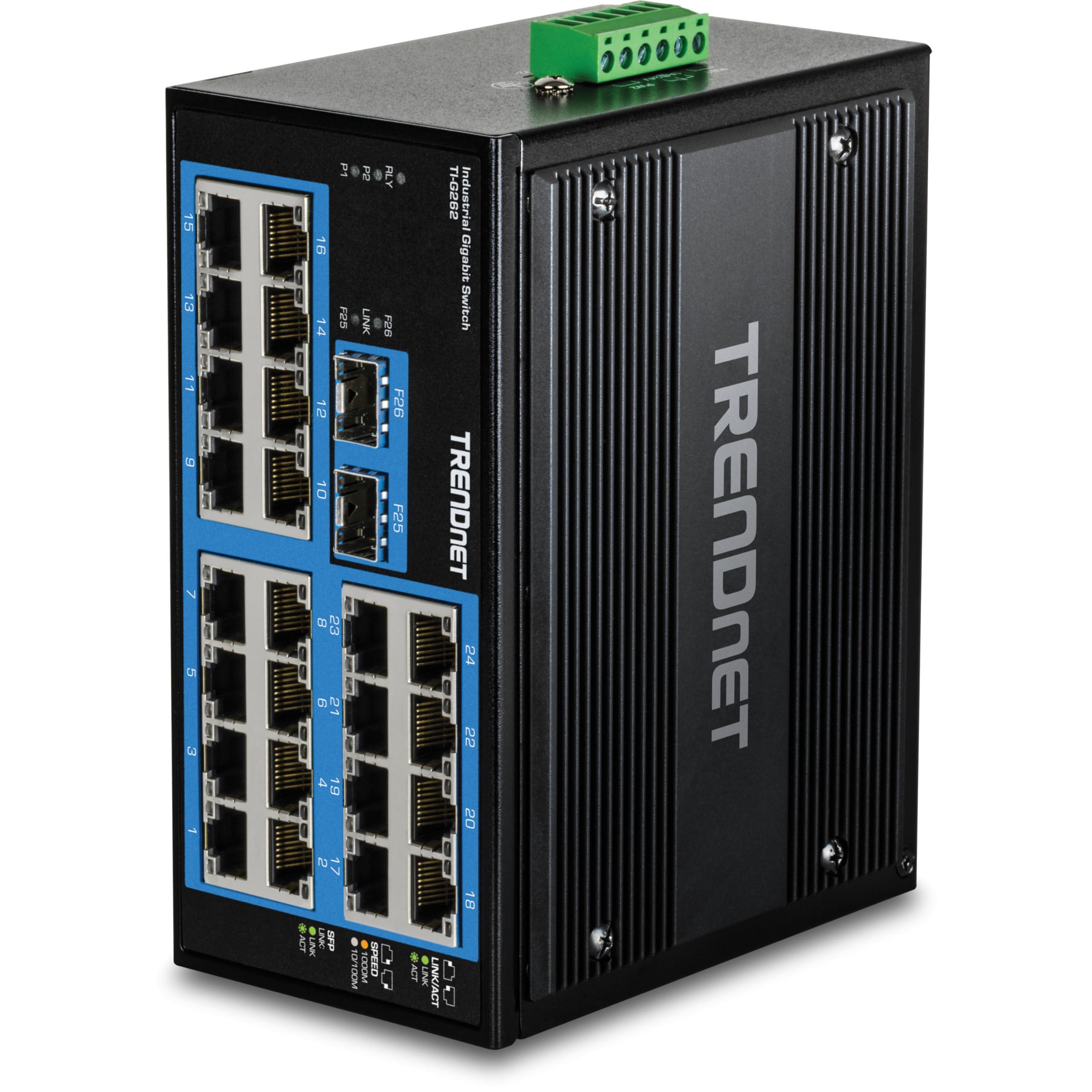 TRENDnet TRENDnet 26-Port Hardened Industrial Gigabit DIN-Rail Switch, TI-G262, 24 x Gigabit Ports, 2 x Gigabit SFP Ports, 52Gbps Switching Capacity, Lifetime Protection, Black