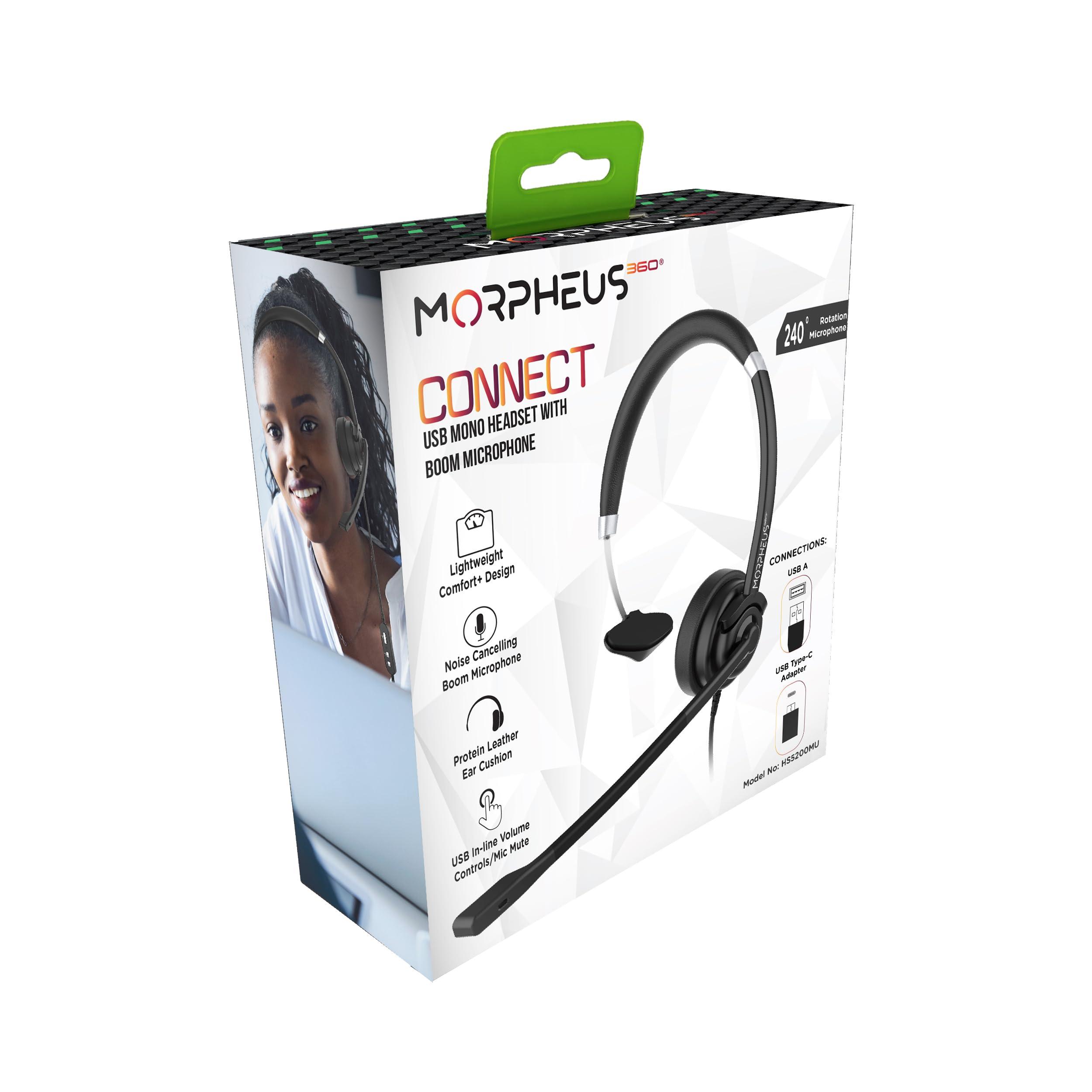 Morpheus 360 Morpheus 360 Connect USB Mono Headset with Boom Microphone - Noise Canceling - Reversible Design - Eco-Leather Ear Cushion - in-Line Volume Controls - Mute Button - Black - HS5200MU