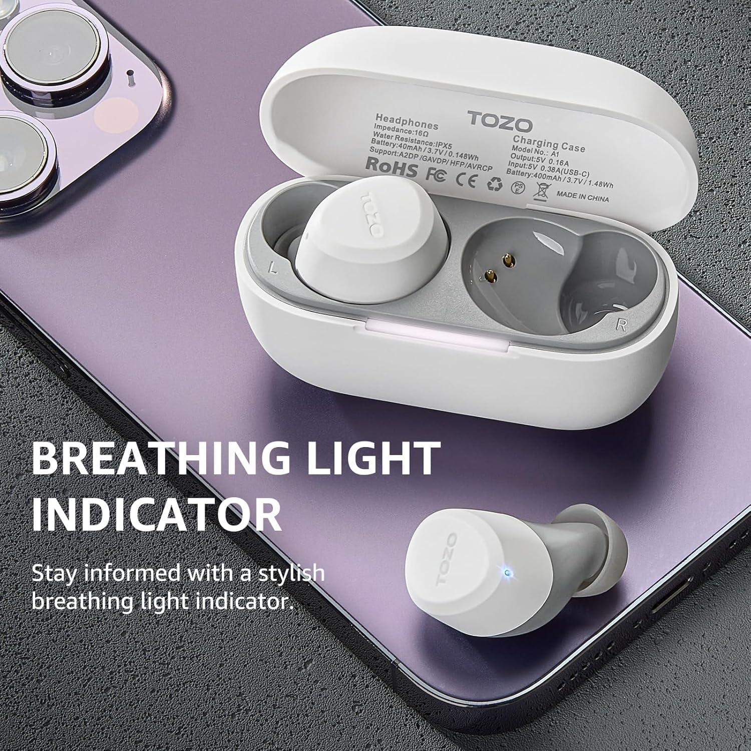 TOZO TOZO A1 2024 New Upgraded Wireless Earbuds, Bluetooth 5.3 in Ear Headphones Light-Weight, Support APP EQ Setting, Stereo Sound Headset Longer Playback with Charging Case Waterproof, White