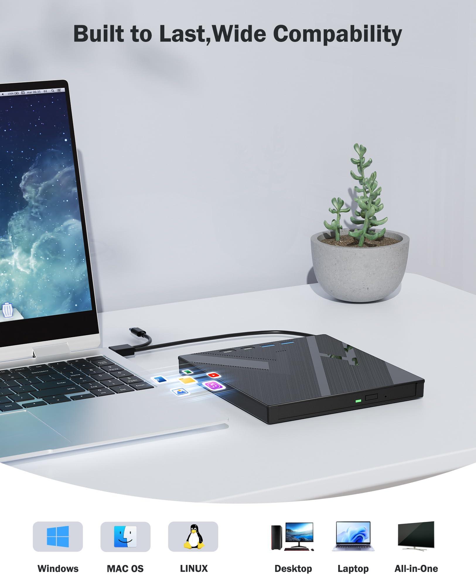 Wbacon 7 in 1 External Blu-ray Drive, USB 3.0 Type-C Optical External Bluray/DVD Drive Burner with SD/TF Port, Support 100G Disc R/W for PC Compatible with Windows XP/7/8/10/11 Mac Laptop Desktop