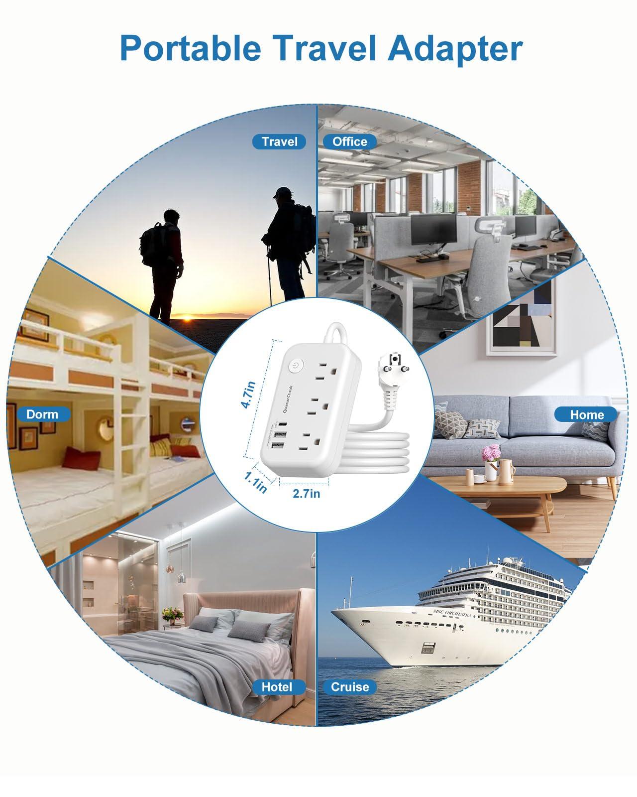 QuasarCheuk Type E F Plug Adapter, Germany France Travel Plug Adapter with 3 Outlets 3 USB PortsSchuko Plug Power Adaptor for US to Europe EU Spain Iceland Korea Greece Norway Russia German French, 4ft