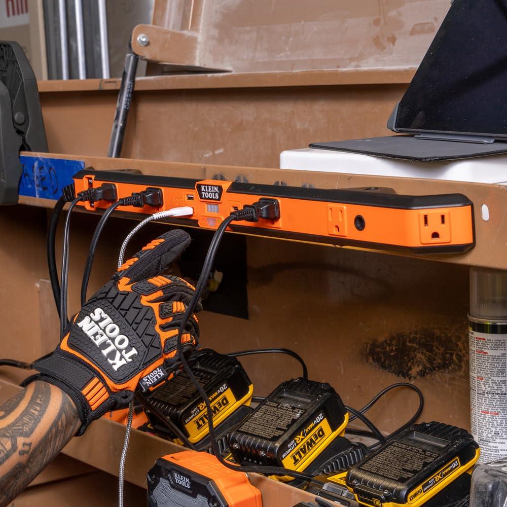 KLEIN TOOLS Klein Tools 29602 Magnetic Power Strip, Surge Protector with Motion Sensor LED Light, 5 Outlets, USB-C and 2 USB-A Ports, 5-Foot Cord, Heavy Duty for Workshop