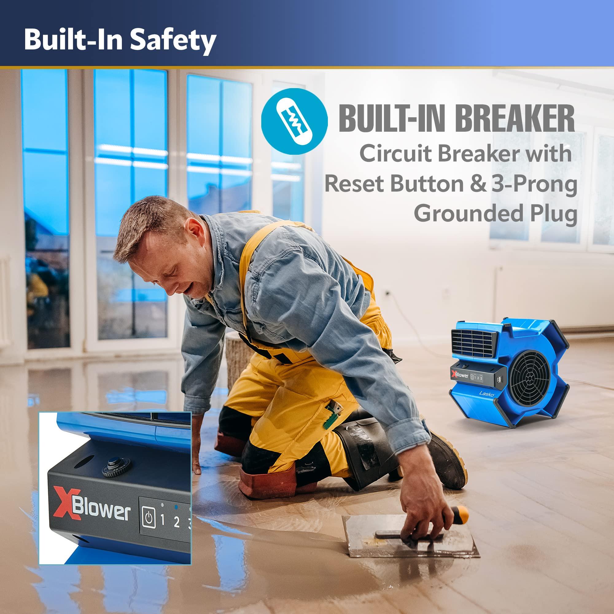 Lasko Lasko X-Blower High Velocity Pivoting Utility Blower Fan for Cooling, Ventilating, Exhausting, and Drying, 6 Position 3-Speed Floor Fan with AC Outlet, Circuit Breaker, USB Port, 11x9x12, Blue, X12905