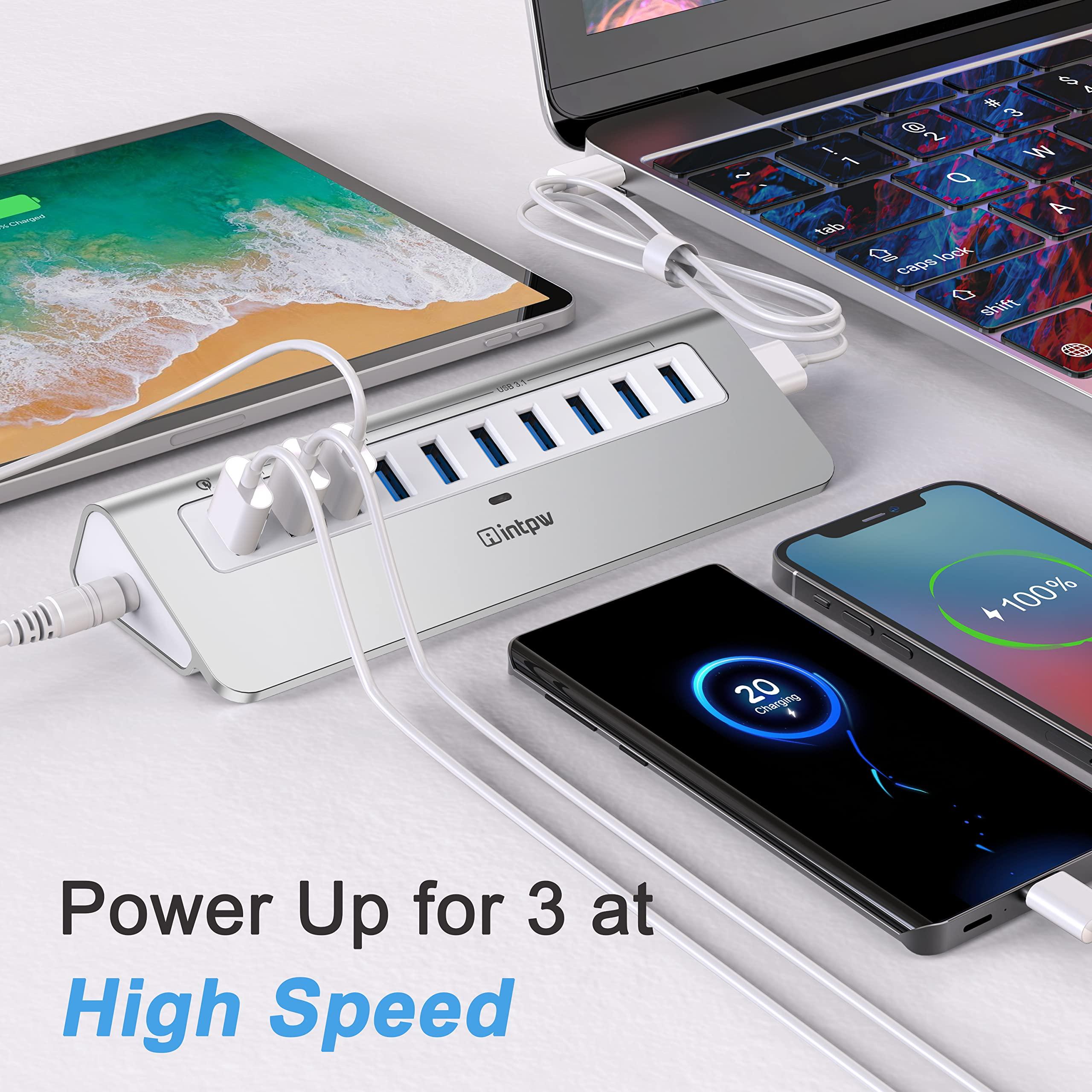 intpw Powered USB Hub 10Gbps, 10 Port USB 3.1 Gen 2 Hub with 7 USB 3.1 Data Ports, 3 Fast Charging Ports, 36W Power Adapter, Type A and Type C Cable, Aluminum USB Data Hub for Mac, PC, Laptop