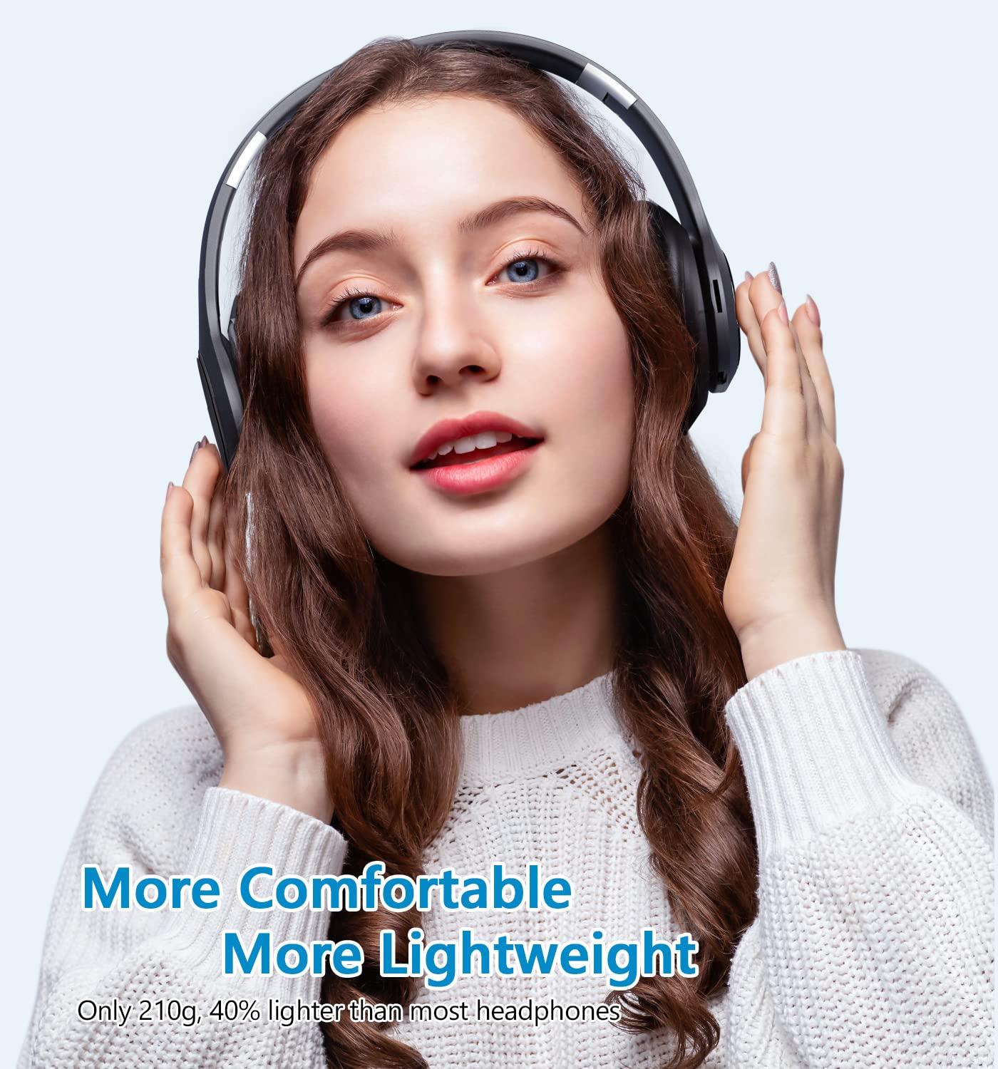Tuitager Bluetooth Headphones Over Ear, 60 Hours Playtime Foldable Headphones Wireless Bluetooth Hi-Fi Stereo Deep Bass with 6 EQ Modes, Adjustable Lightweight Headset with Microphone, FM, SD/TF for Adults
