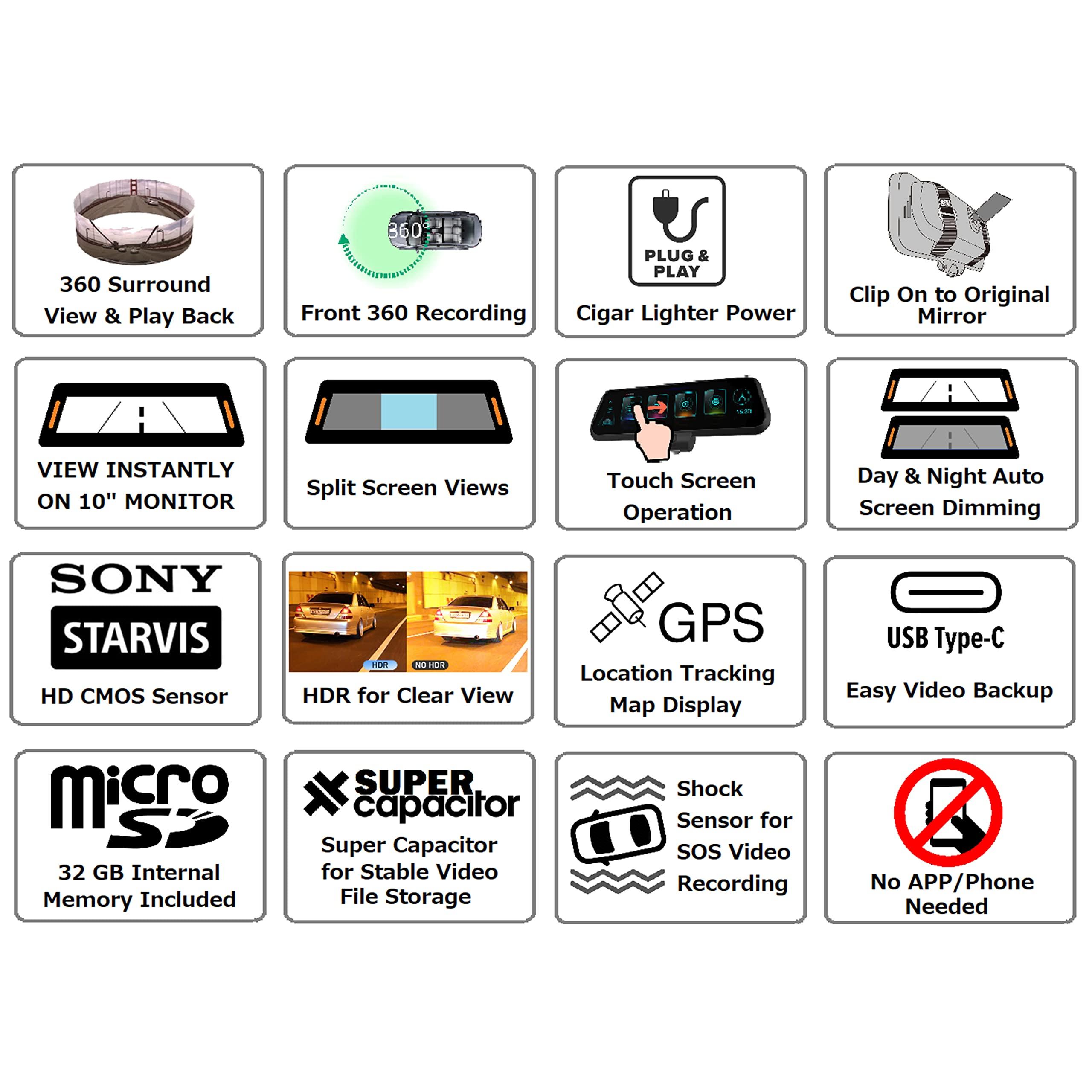 Rydeen RYDEEN TOMBO 360X Surround View 4K Dash Camera 10-inch Touchscreen Frameless Rearview Mirror with TFT Monitor w/Auto Brightness Day/Night, Backup Video-in, Backup Camera Included