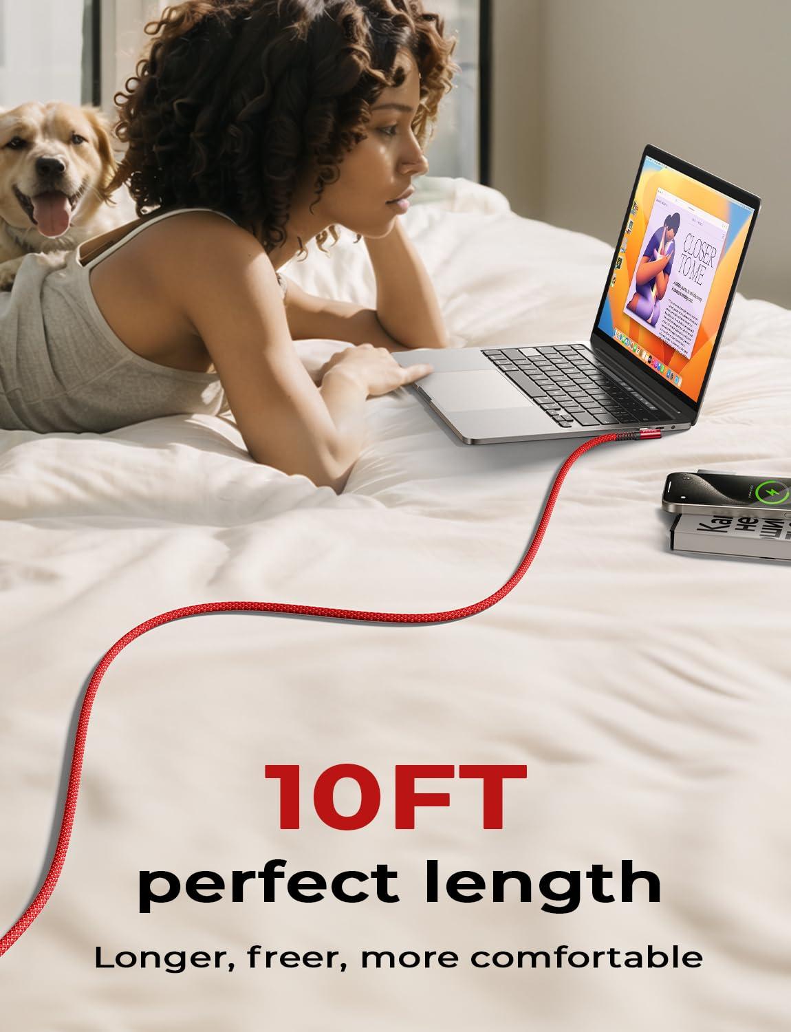 AINOPE AINOPE 240W High Speed USB C Cable [10ft] USBC to USBC Cable, Right Angle C to C Cable Fast Charging Compatible with iPhone 16 Charger Cord, iPad Pro,MacBook Air 2024 M4,Samsung Galaxy S24, Red