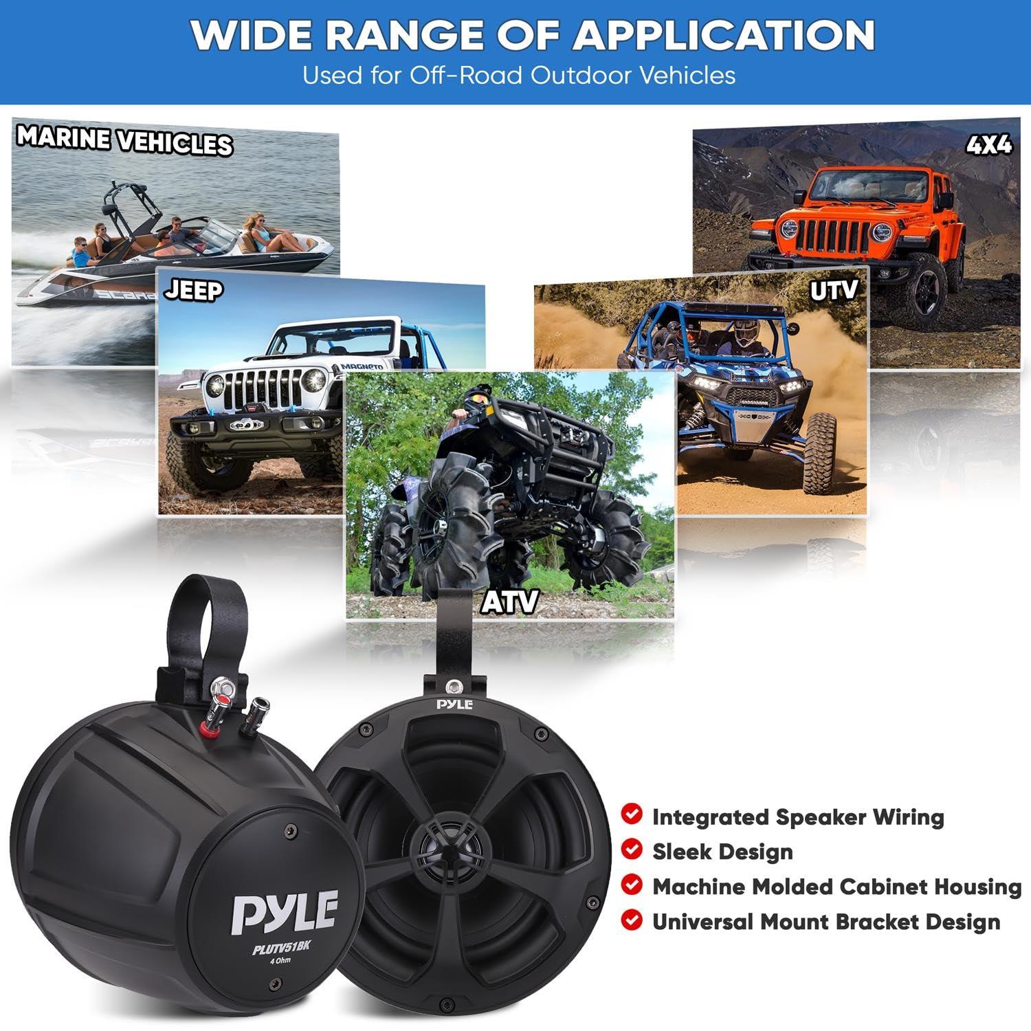 Pyle Pyle 2-Way Dual Waterproof Off-Road Speakers - 5.25 Inch 1000W Marine Grade Wake Tower Speakers System, Full Range Outdoor Audio Stereo Speaker for ATV, UTV, Quad, Jeep, Boat - Pyle PLUTV51BK,Black