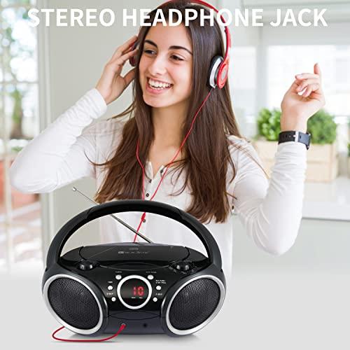 SINGING WOOD SINGING WOOD 030C Portable CD Player Boombox AM FM Analog Tuning Radio, Aux Line in, Headphone Jack, Foldable Carrying Handle (Black with a Touch of Grey Rims)