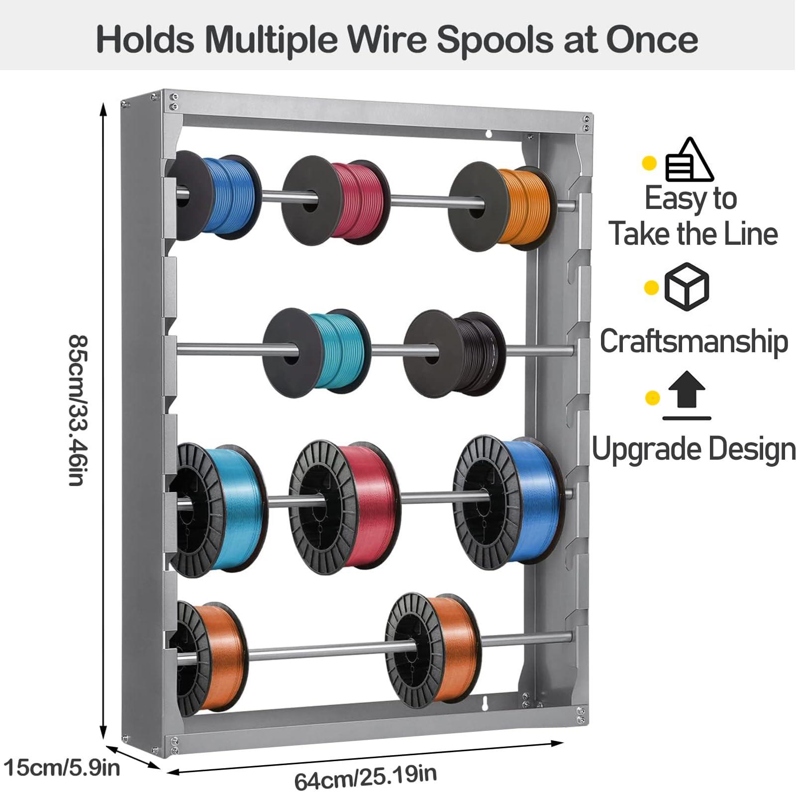 foriy foriy Wire Spool Rack, Heavy Duty Cold-Rolled Steel Wire Dispenser, Conduit Display Rack, Wall Mounted Spool Storage Rack for Electrical Industrial Retail Use 4 Adjustable Rods Grey