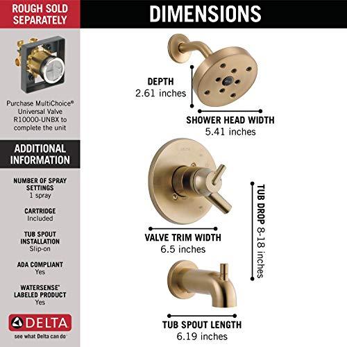 DELTA FAUCET Delta Faucet Trinsic 17 Series Dual-Function Tub and Shower Trim Kit, Shower Faucet, Single-Spray H2Okinetic Shower Head, Champagne Bronze T17459-CZ (Valve Not Included)