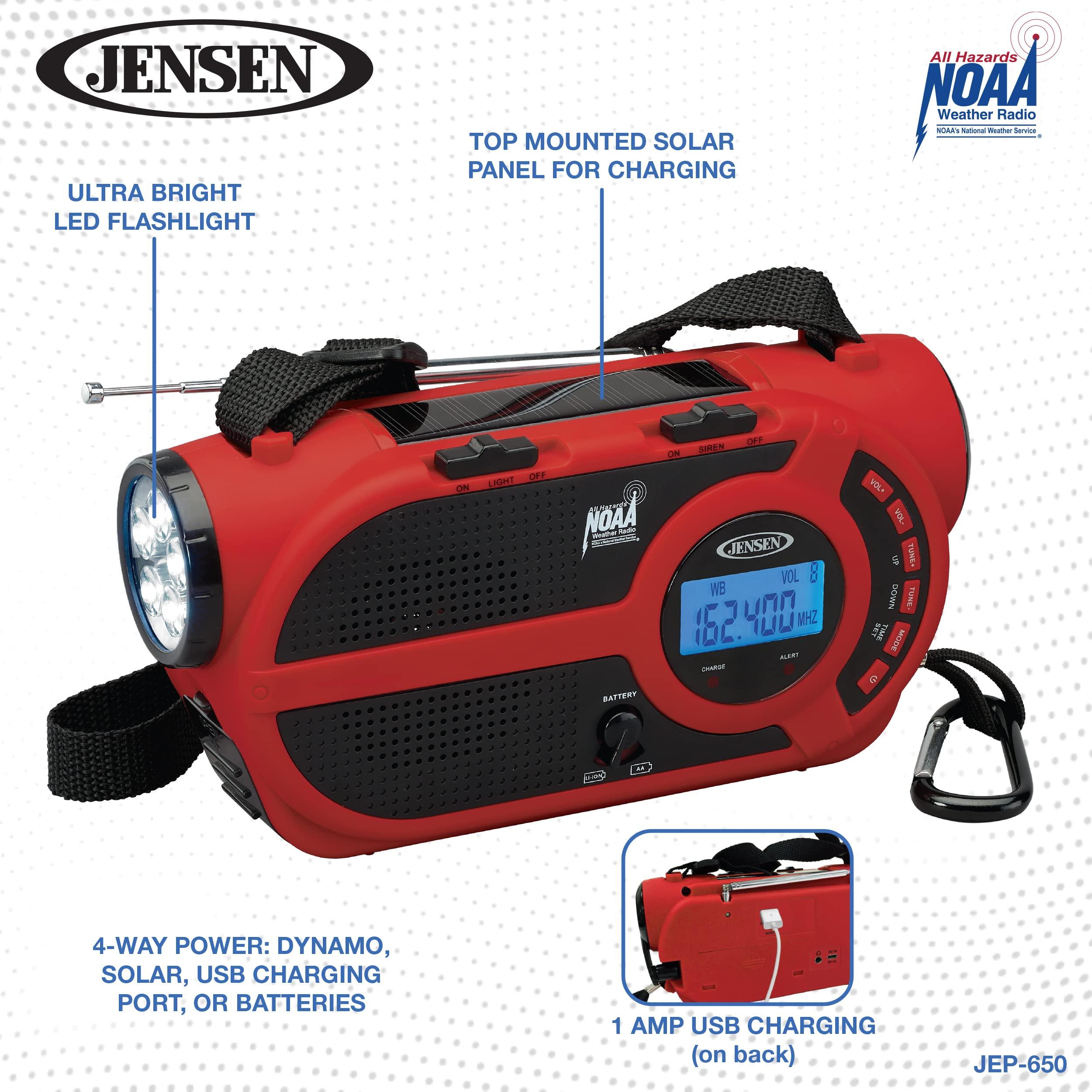 Jensen JENSEN JEP-650 Portable Digital AM/FM Weather Radio with Weather Alert, Flashlight, and 4-Way Charging, Red, JEP-650