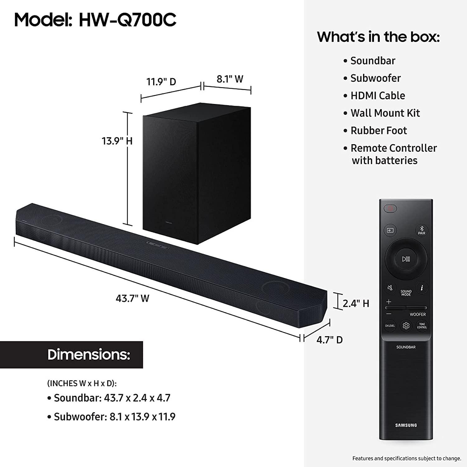 Samsung Samsung HW-Q700C 3.1.2ch Soundbar w/Wireless Dolby Audio, Q-Symphony, SpaceFit Sound Pro, Adaptive Sound, Game Mode Pro, Airplay 2, Tap Sound, Chromecast and Alexa Built-in (Model) (Renewed)