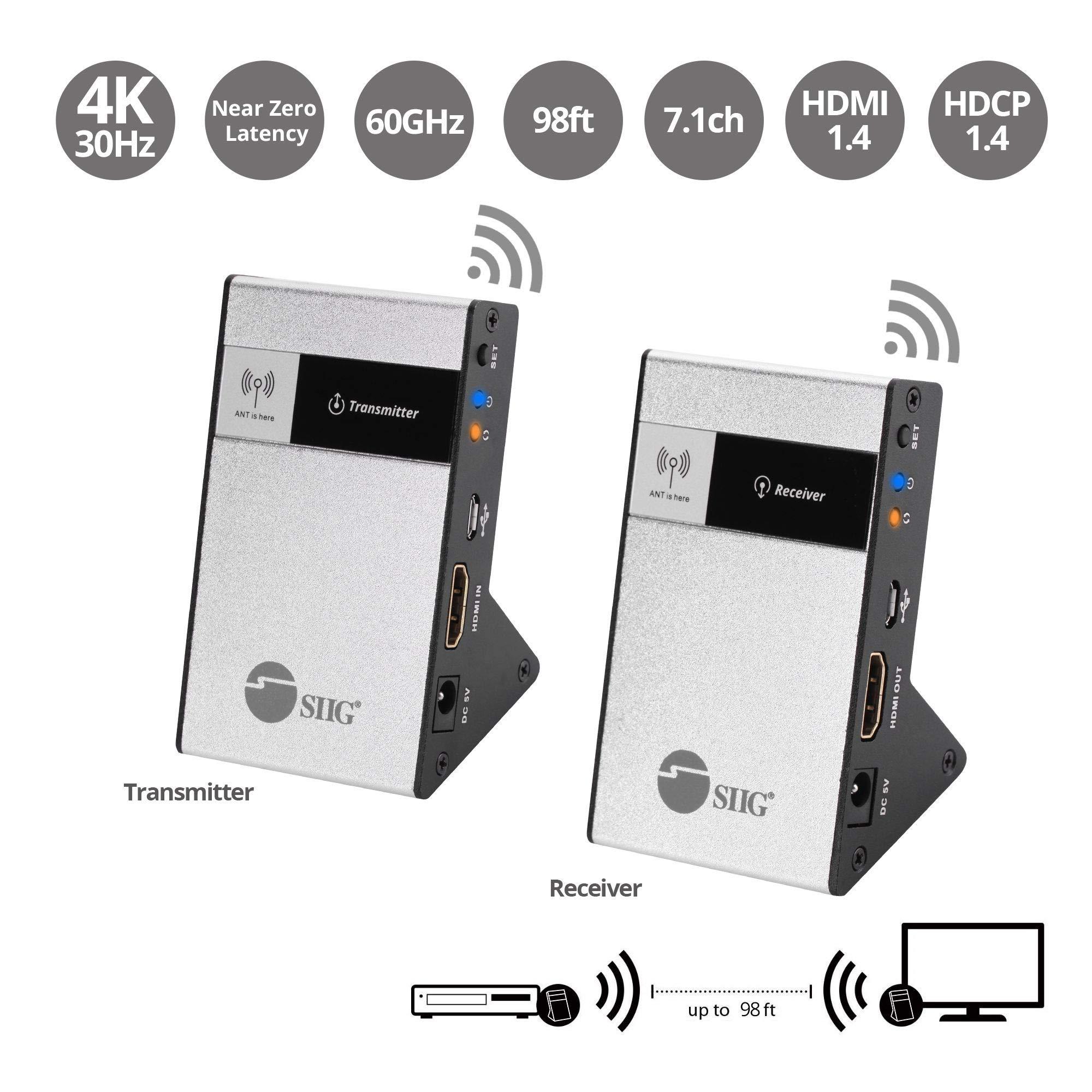 SIIG SIIG CE-H23Q11-S1 Wireless HDMI Extender Kit 98Ft 30M Supporting 4K @30Hz HDCP 1.4 CEC 60GHz Frequency-Transmitter and Receiver, Black