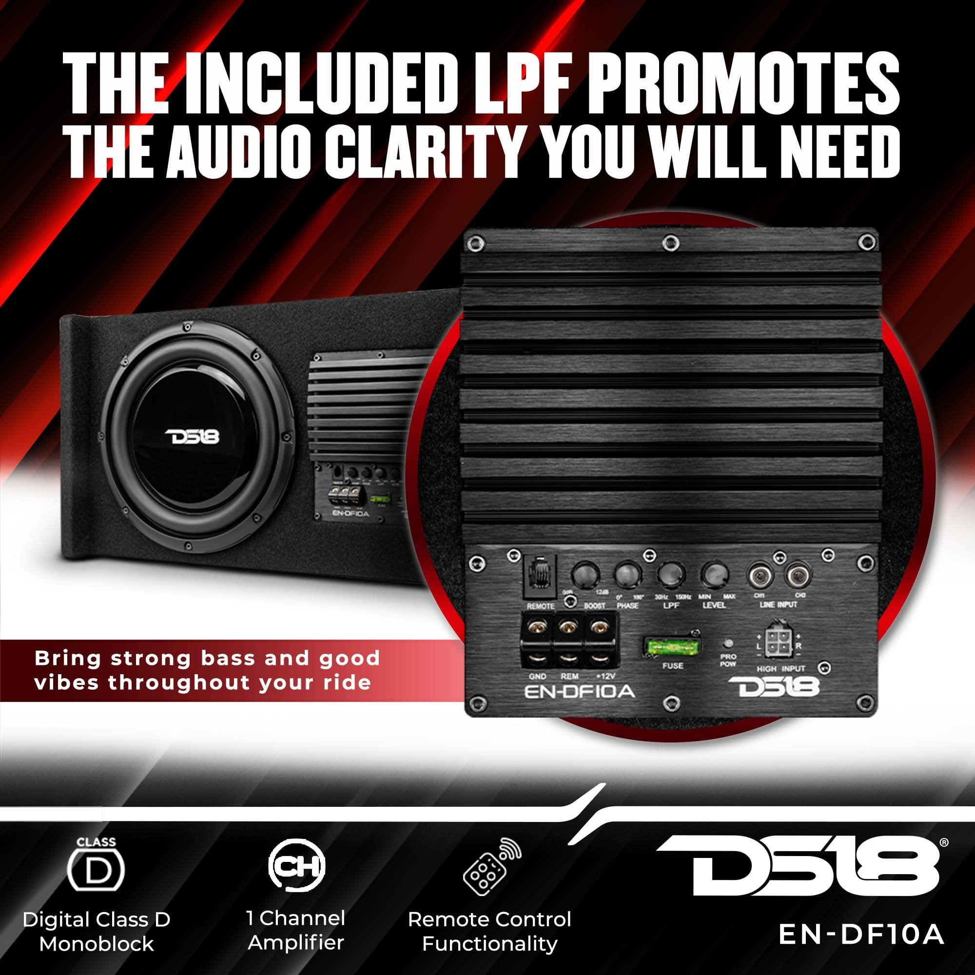 DS18 DS18 EN-DF10A 10" Amplified Thin Shallow Down-Firing Subwoofer Enclosure 500 Watts - Powered Subwoofer Box Compact Sealed Design for Car & Trucks
