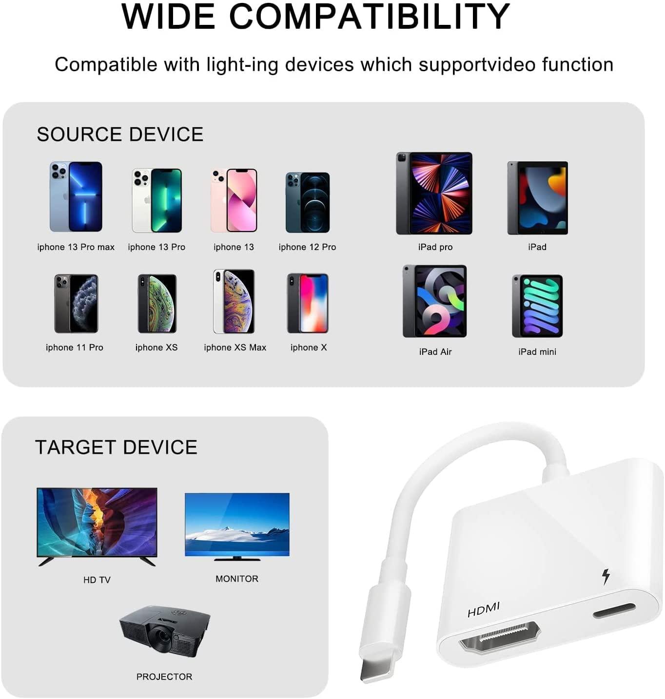 Kinhaly Apple MFi Certified Lightning to HDMI Digital AV Adapter 1080P HD Video HDMI Sync Screen Connector Cable with Charging Port Compatible with iPhone 14/13/12/11/ X/ 8/7/ iPad on HDTV/Projector/Monitor