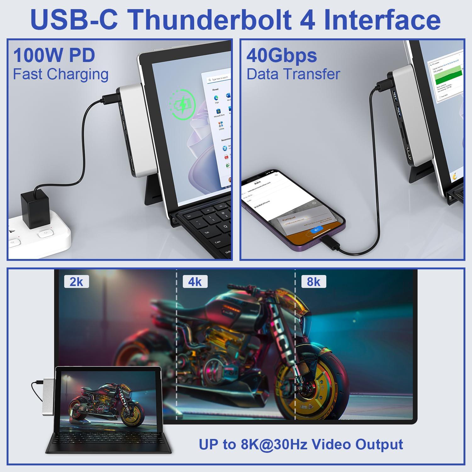 Rytaki Surface Pro 11 USB Hub, Surface Pro 9 USB Hub Docking Station with 4K HDMI, USB-C Thunderbolt 4(8K Video+Data+100W PD), USB 3.0 * 2, SD TF Card Slot, USB C Hub for Surface Pro 11/Pro 10/Pro 9/Pro X
