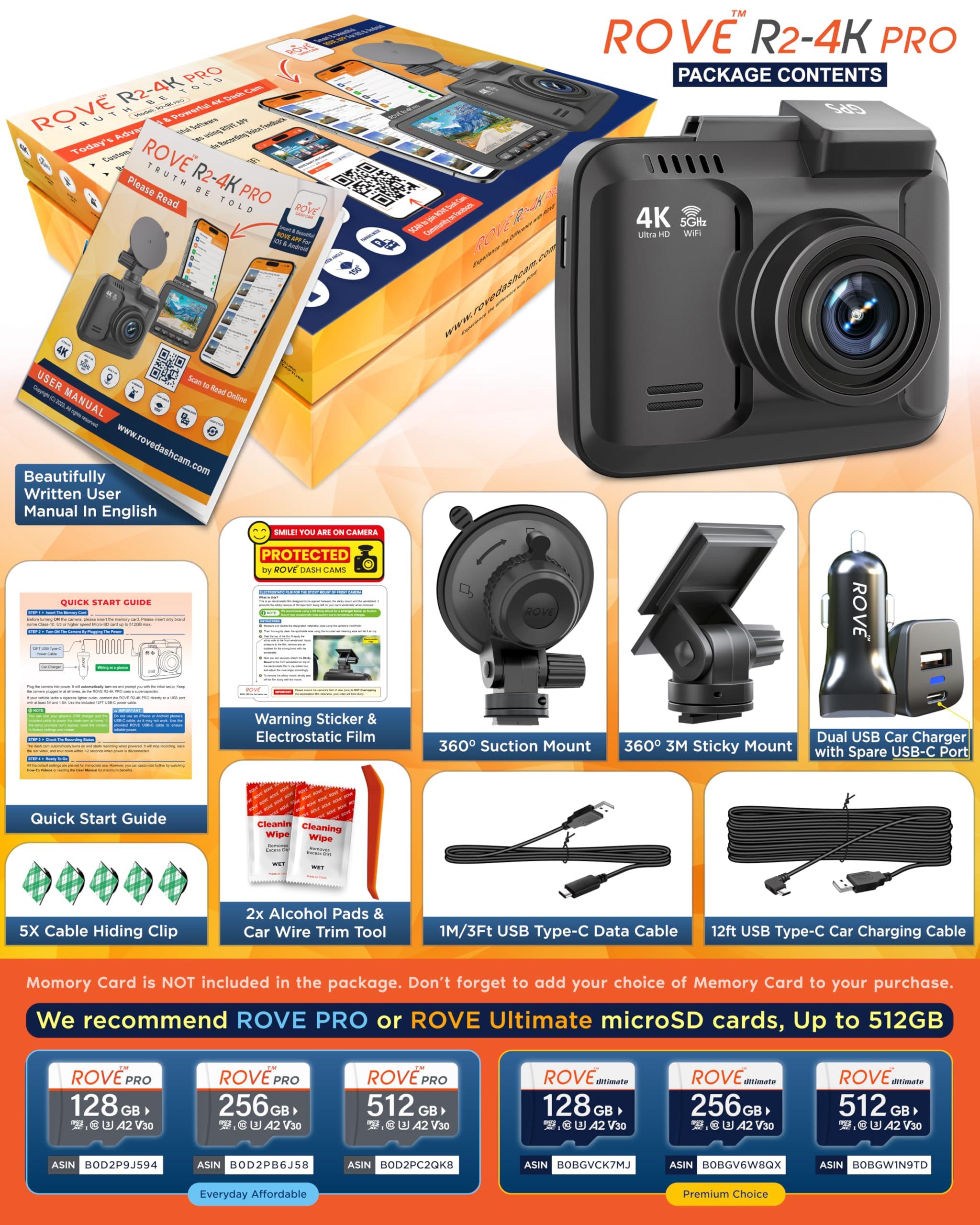 ROVE ROVE R2-4K PRO Dash Cam, Built-in GPS, 5G WiFi Dash Camera for Cars, 2160P UHD 30fps Dashcam with APP, 2.4" IPS Screen, Night Vision, WDR, 150 Wide Angle, 24-Hr Parking Mode, Supports 512GB Max