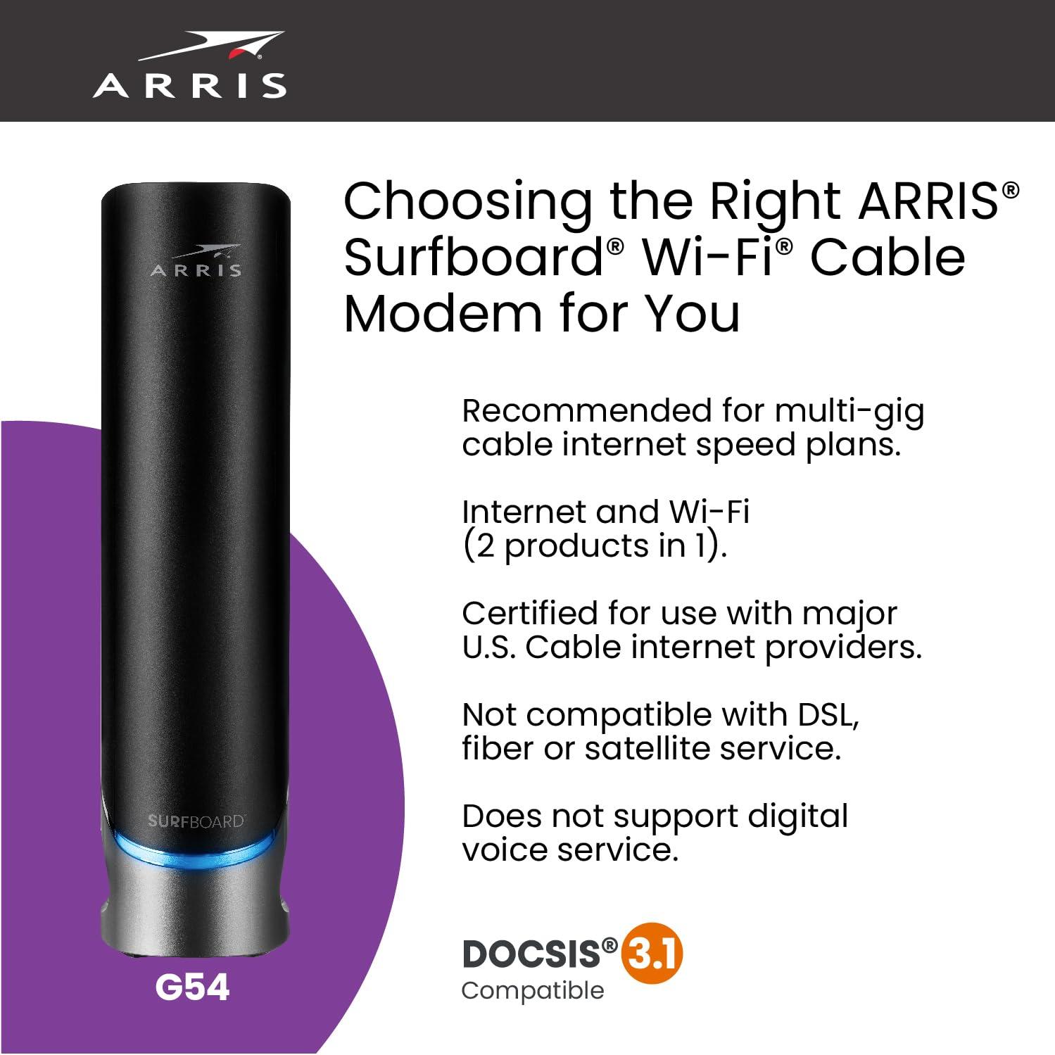 ARRIS ARRIS (G54) - Cable Modem Router Combo - Fast DOCSIS 3.1 Multi-Gigabit & BE 18000 WiFi 7 Router Comcast Xfinity, Cox, Spectrum Quad-Band 1, Up to 18 Gbps Max Speed