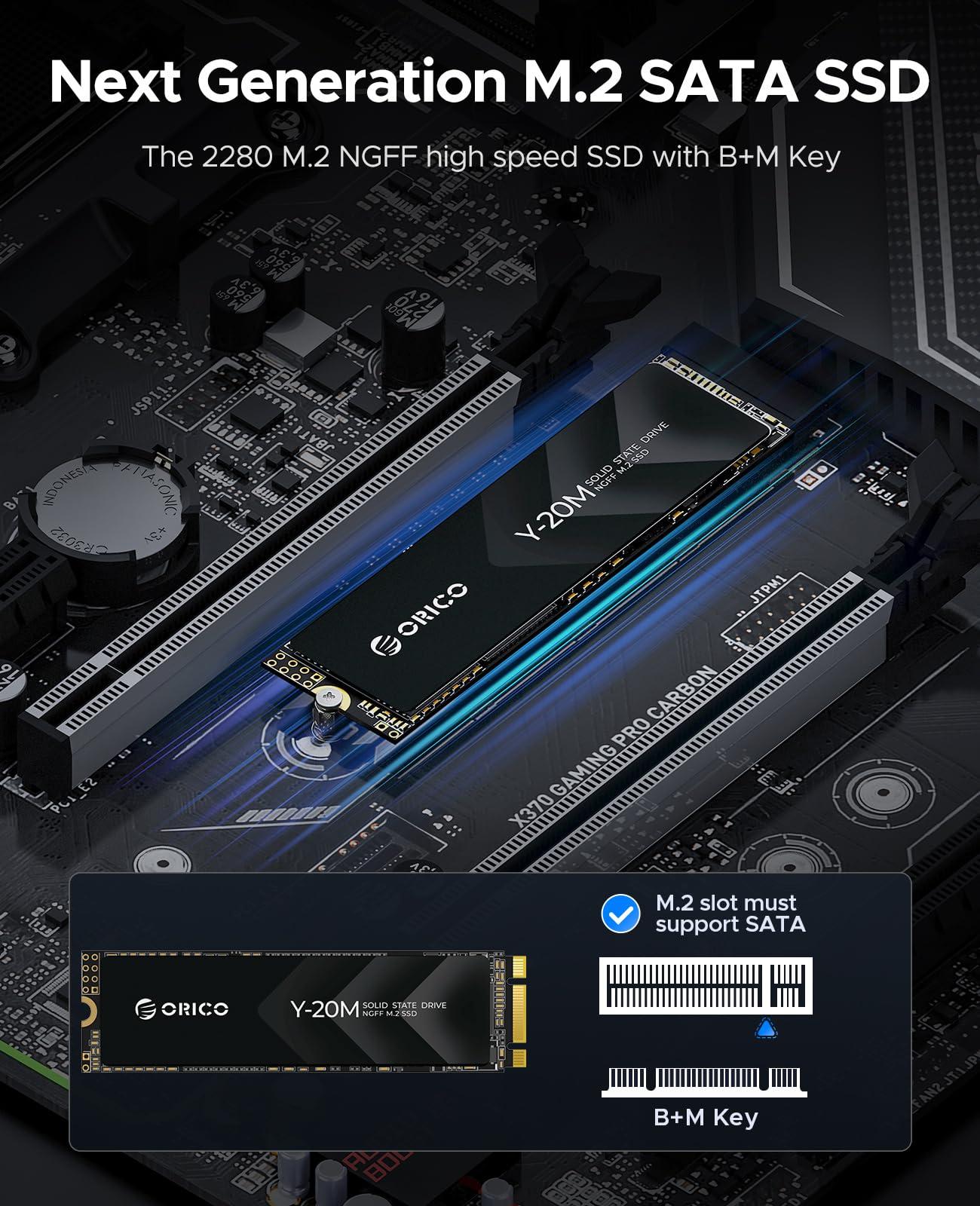 ORICO ORICO M.2 2280 SATA SSD, 256GB Internal M.2 SSD with B+M Key for Desktop/Laptop, SATA III 6Gbps NGFF Solid State Drive Low Power Consumption (PCIe NVMe Incompatible) - Y20M