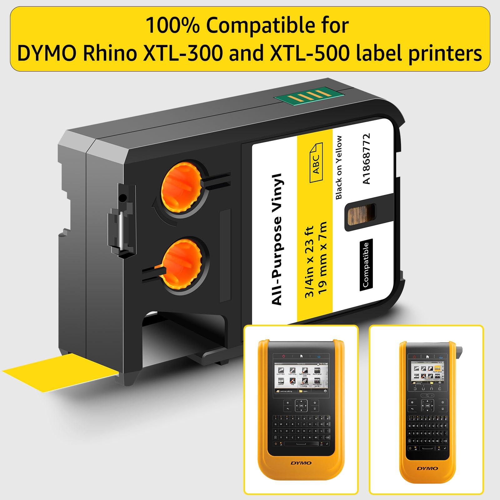 KCMYTONER KCMYTONER 5 Pack Compatible for Dymo 1868772 3/4\" x 23 ft (19mm x 7m) Black on Yellow All-Purpose Vinyl Labels Replacement for Rhino XTL-300 XTL-500 Label Makers