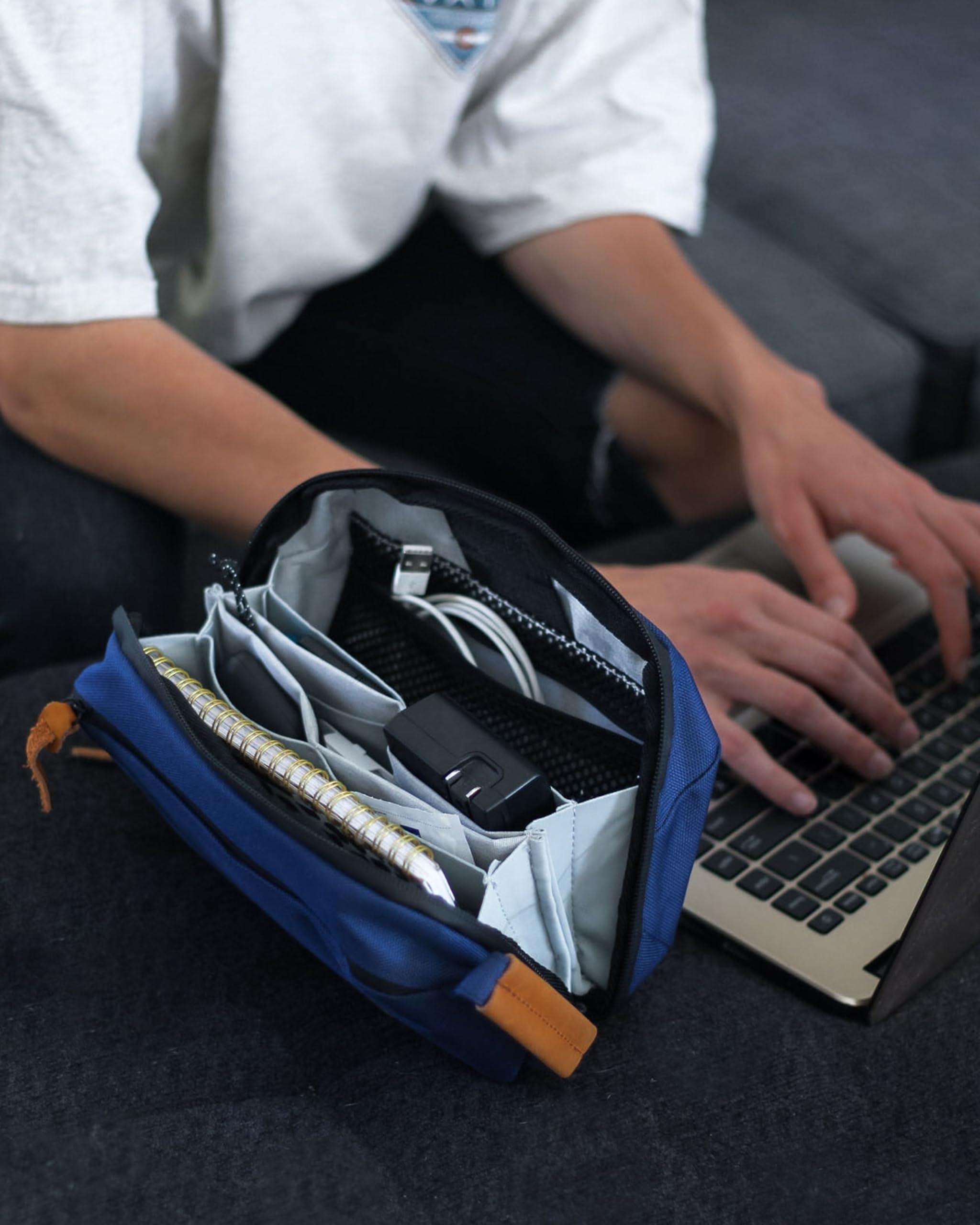 TRIPPED Travel Gear TRIPPED Travel Gear Tech Bag Organizer - Small Electronics Organizer Pouch for Travel - Premium Travel Case with Leather Accents - Mesh Pocket for Cables, Cords and Chargers (Navy)
