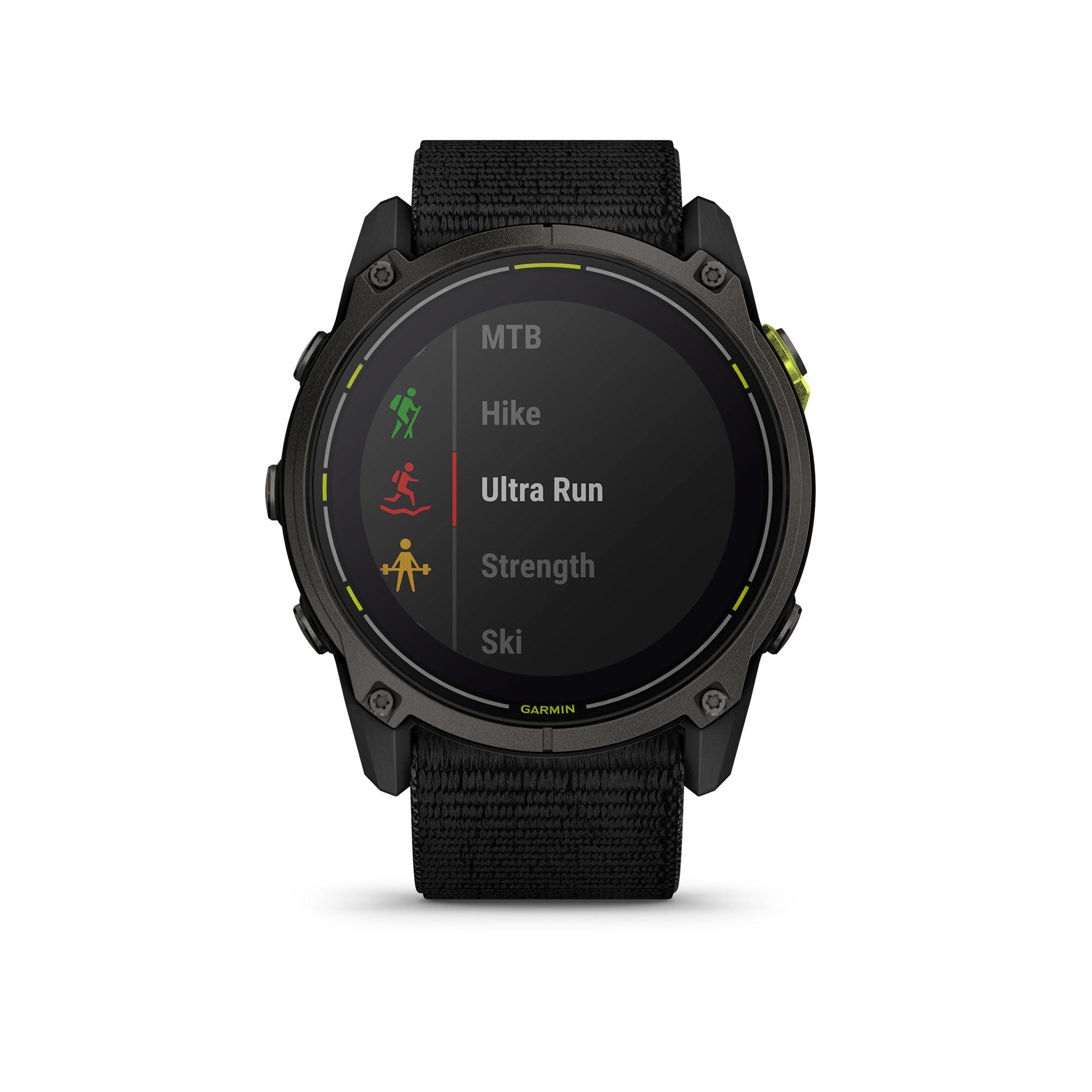 Garmin Garmin Enduro 3 51 mm, Solar, Sapphire, Ultraperformance GPS Smartwatch, Extreme Battery Life, Detailed Mapping, Built-in LED Flashlight, Carbon Gray DLC Titanium with Black UltraFit Nylon Strap