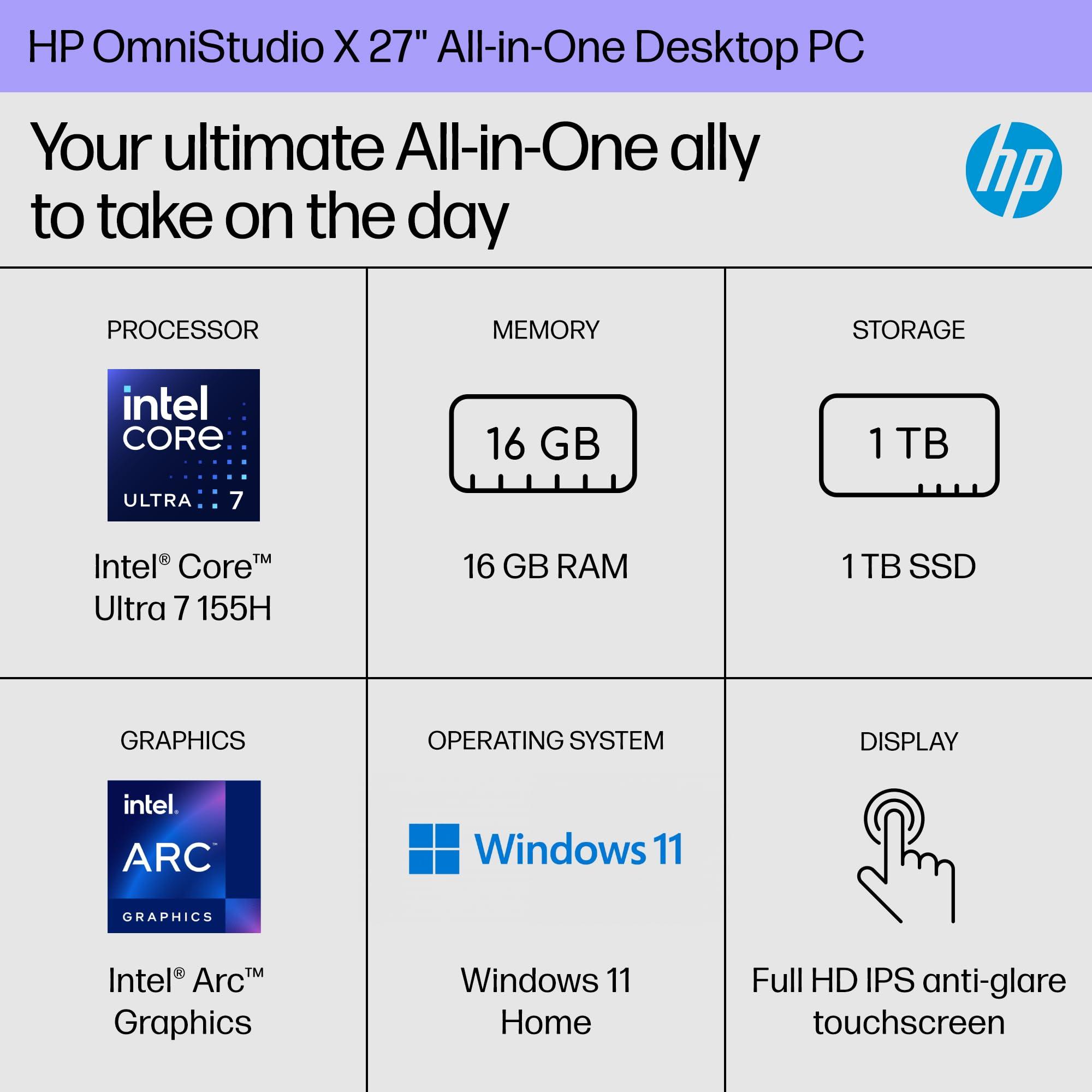 HP HP OmniStudio X 27" FHD Touch Screen All-in-One Desktop Intel Core U7-155H 16GB RAM 1TB SSD Meteor Silver