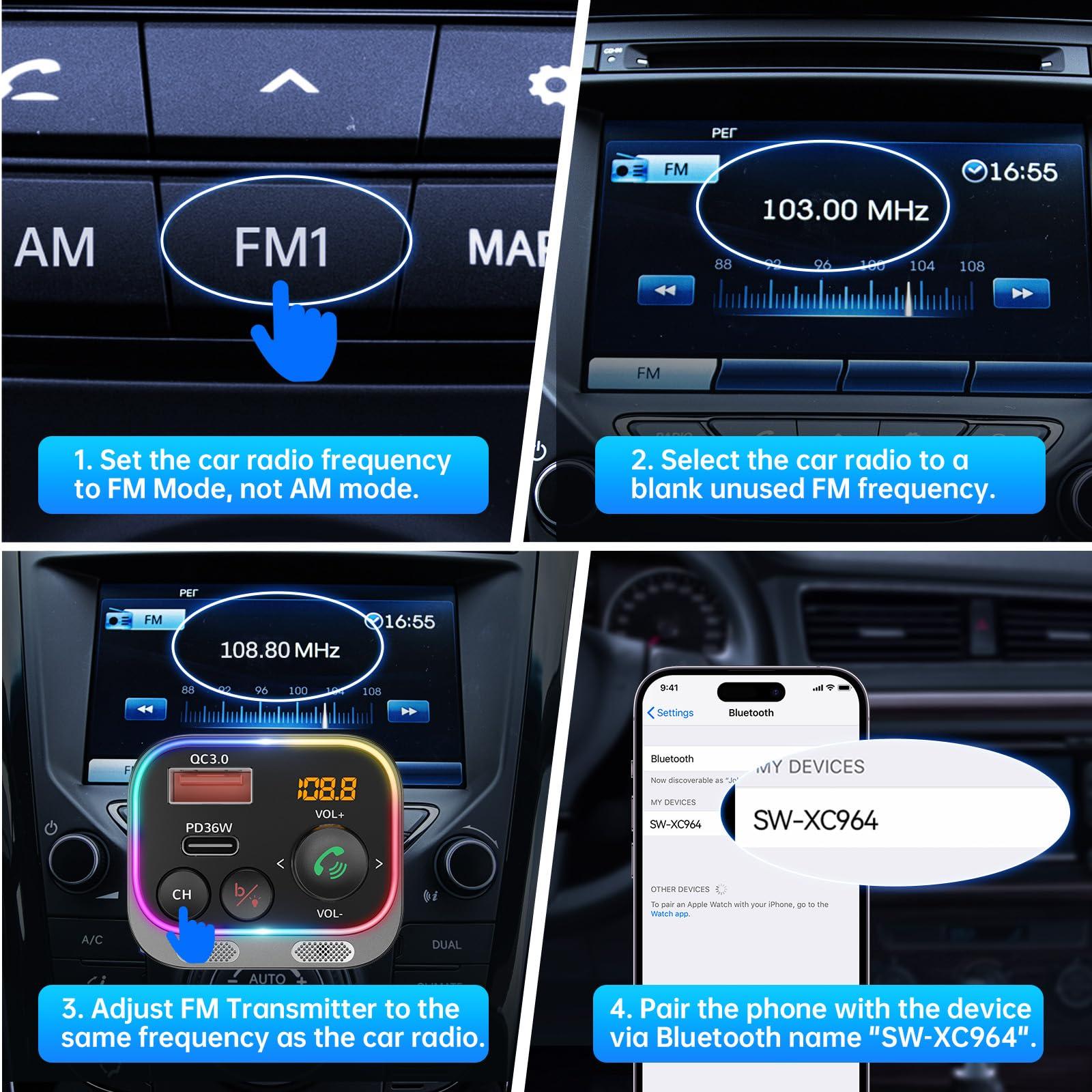 SYNCWIRE Syncwire Bluetooth 5.4 FM Transmitter Car Adapter 54W (PD 36W & 18W) [Stronger Dual Mics] [Light Switch] [HiFi Bass Sound] [Fast Charging] Wireless Radio Receiver Hands-Free Calling LED Display