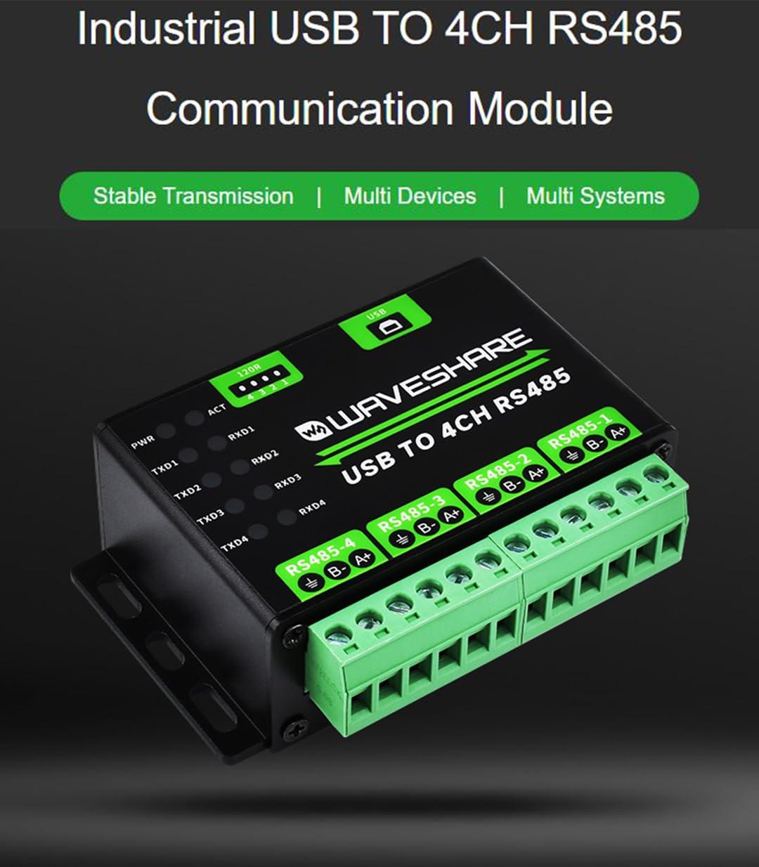waveshare waveshare Industrial USB to RS485 Converter Extending USB to 4CH RS485, 1200bps ~ 460800bps Baudrate, Transmission Distance up to 1.2km, Compatible with Win7/8/8.1/10/11, Mac, Linux, Android,etc