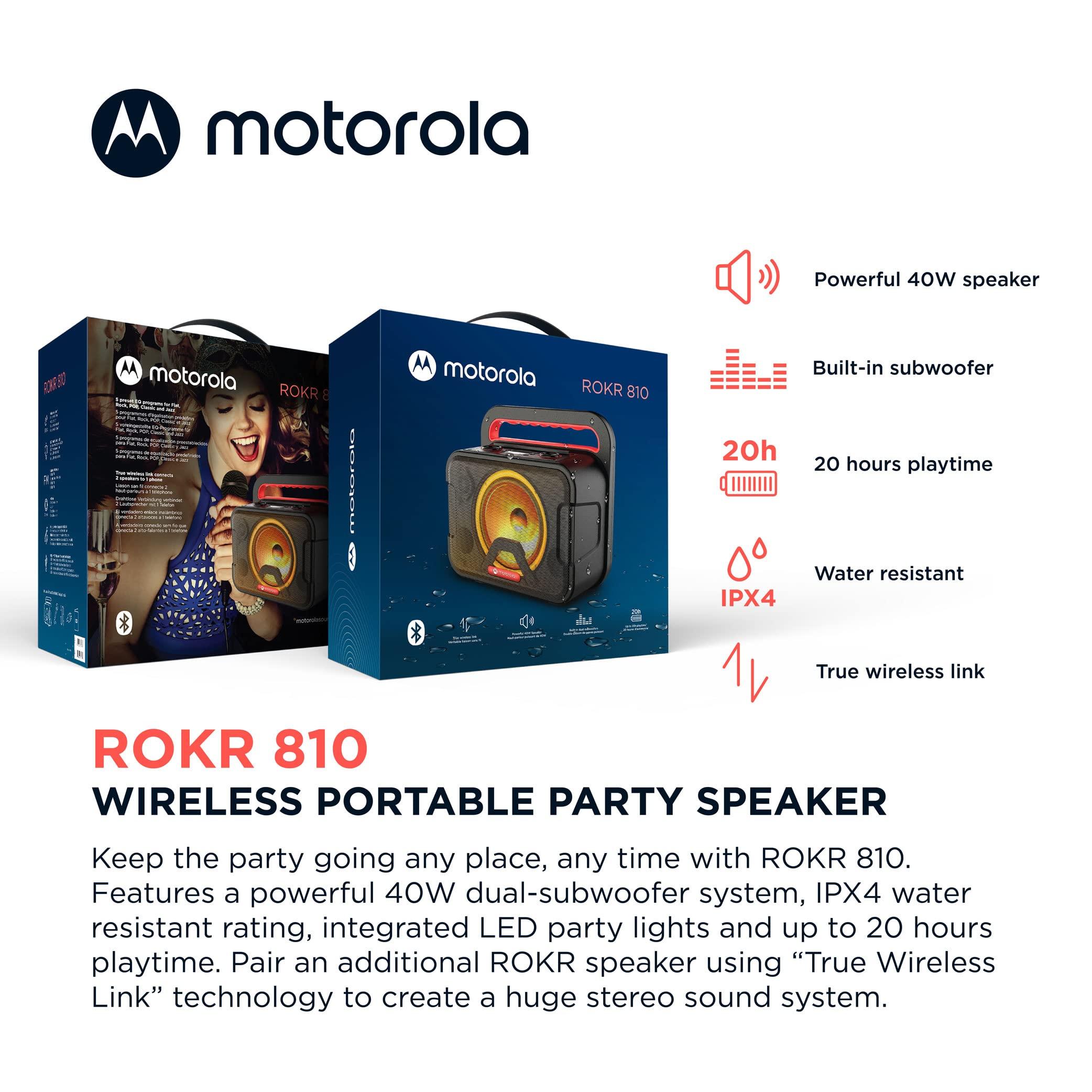 Motorola Sound Motorola ROKR 810 Wireless Bluetooth Portable Speaker with Built-in Subwoofer - 40W, Microphone, Connects to Smartphone, IPX4 Water Resistance, Integrated LED Lights, Smooth Sound