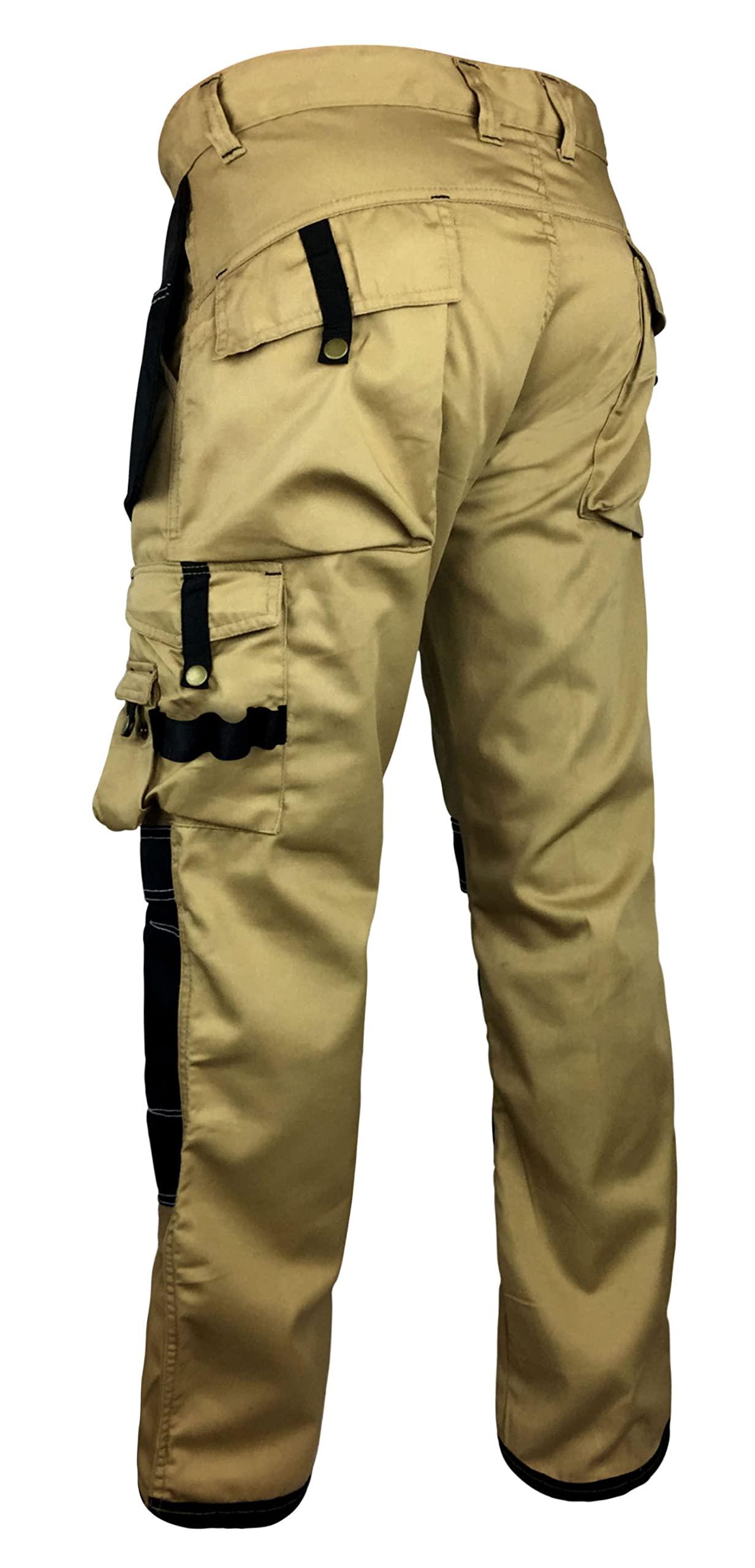FASHIO FF FASHIO FF Men\'s Cordura Work Pants Tactical Trousers with Utility Tool Pockets Heavy Duty Reinforced Carpenter Safety Pants S1 Khaki W38-L34
