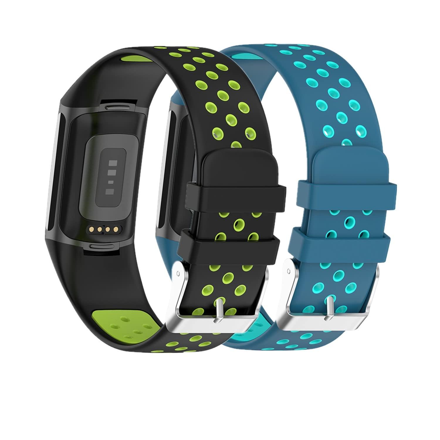 Yoktburu Yoktburu Watch Strap for Fitbit Charge 5/Charge 6, Silicone Sport Wristband Adjustable Breathable Replacement Band Compatible with Charge 5/Charge 6 Activity Tracker (Black+blue)