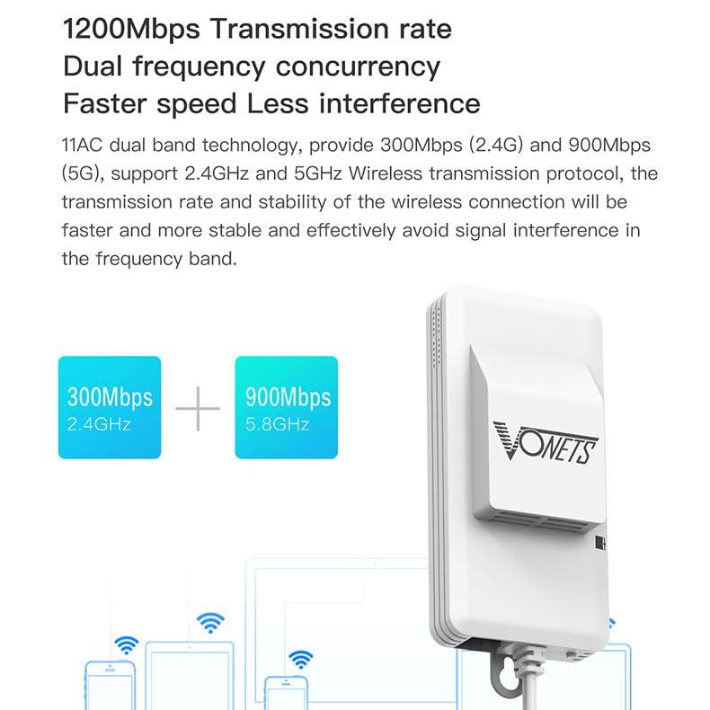 Vonets Vonets VAP11AC 2.4G+5G WiFi Bridge/Wireless Repeater/Wired to WiFi Adapter 1200Mbps with RJ45 Ethernet Cable Good Partner for Security System, IP Device