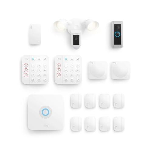 Ring Ring Wired Doorbell Pro (Video Doorbell Pro 2) with Ring Floodlight Cam Wired (White) and Ring Alarm 14-Piece (White)