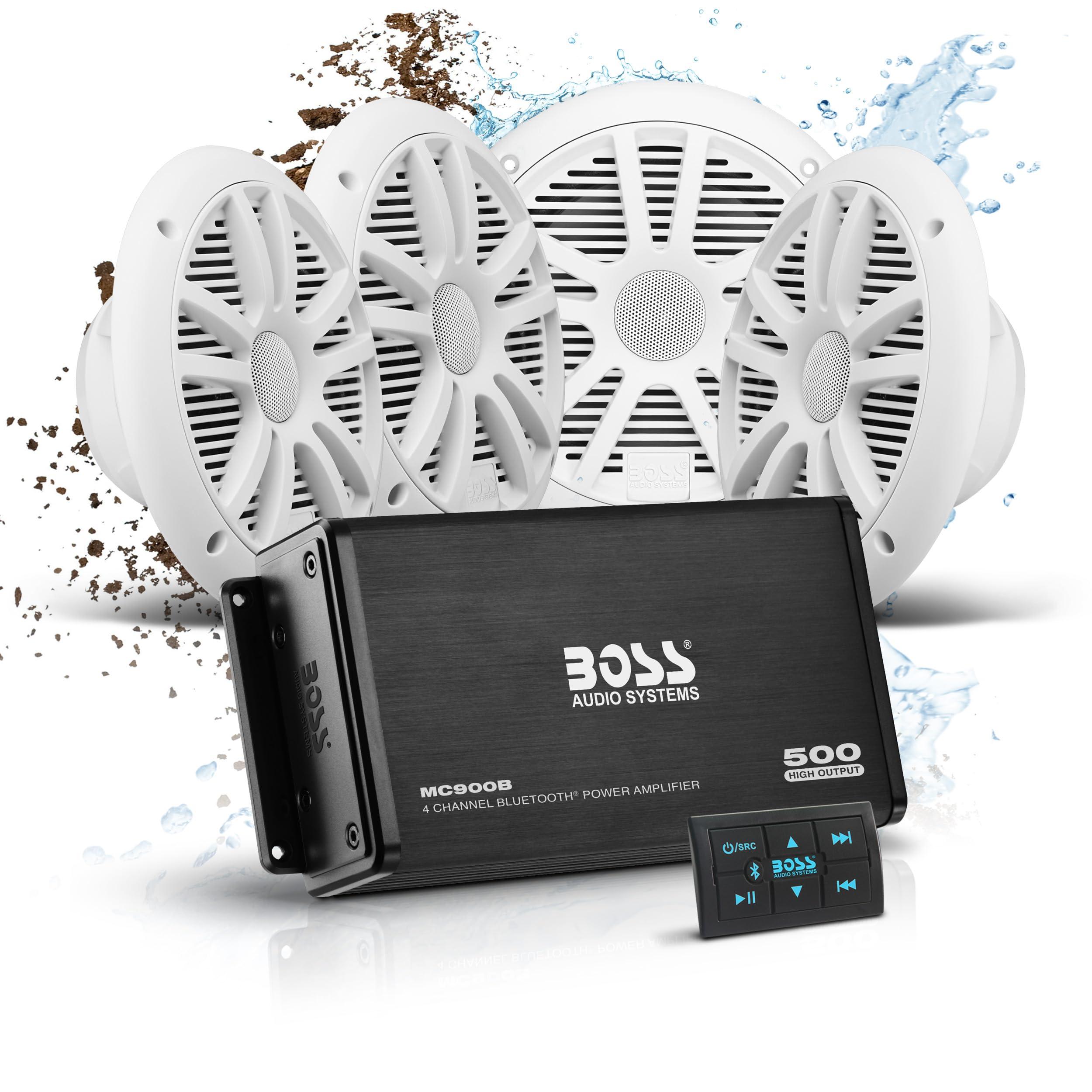 BOSS Audio Systems BOSS Audio Systems ASK904B.64 Marine Boat 6.5 inch Speakers and 4 Channel Amplifier - 500 High Output, Bluetooth Remote, USB and Auxiliary, Waterproof Pouch