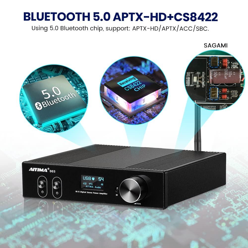 AIYIMA AIYIMA D03 Bluetooth 5.0 DAC Amplifier 150 Watt x 2 Stereo HiFi 2.1 CH Digital Sound Amplificador 24Bit/192kHz Class D Power Amp USB Coaxial Optical OLED AptX, Support Subwoofer & with Remote