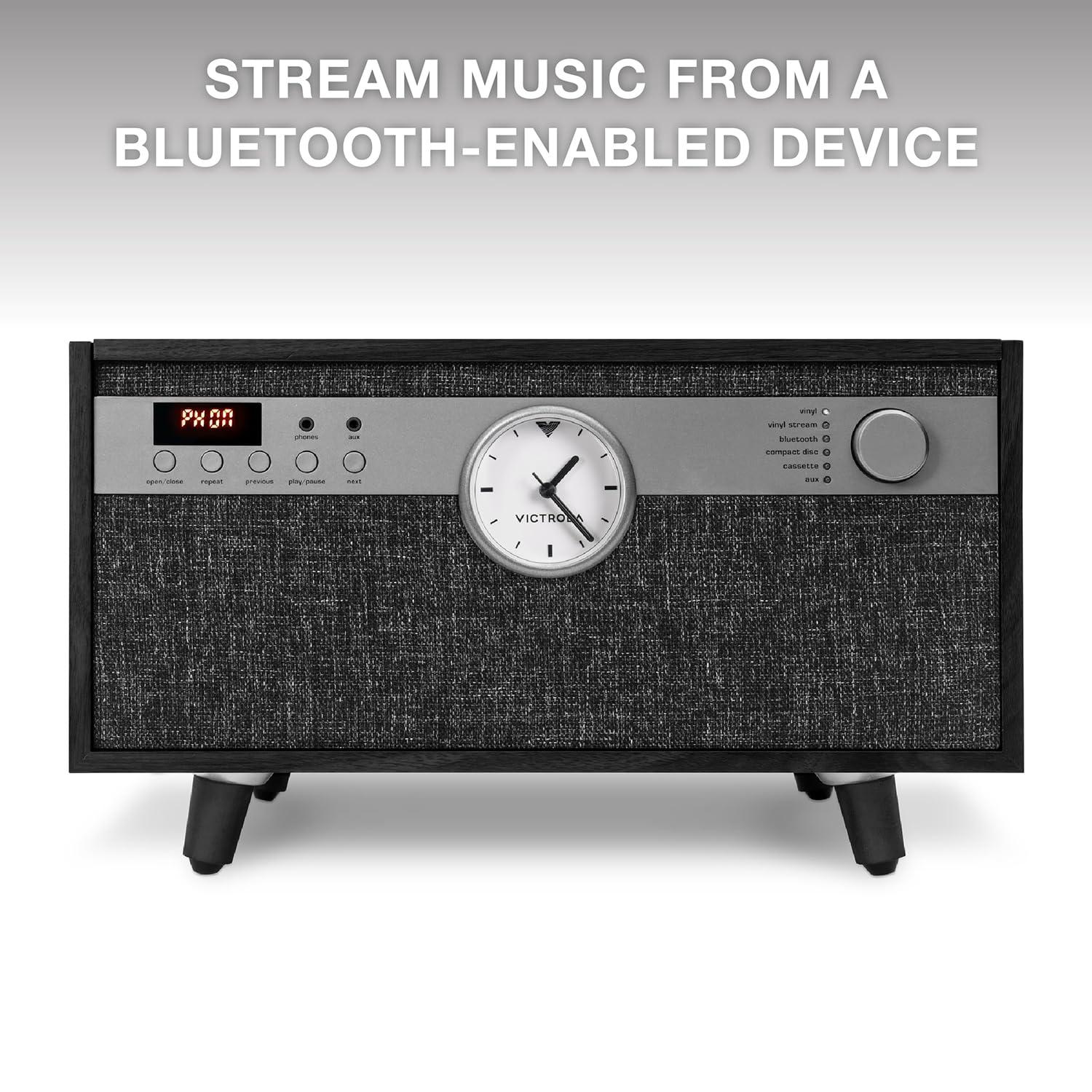 Victrola Victrola Century Signature+ 6-in-1 Vinyl Record Player & Music Center - 3-Speed Turntable, CD & Cassette Player, VINYLSTREAM, Bluetooth & 3.5mm Aux, Record Player with Speakers, 18\" Stands, Black