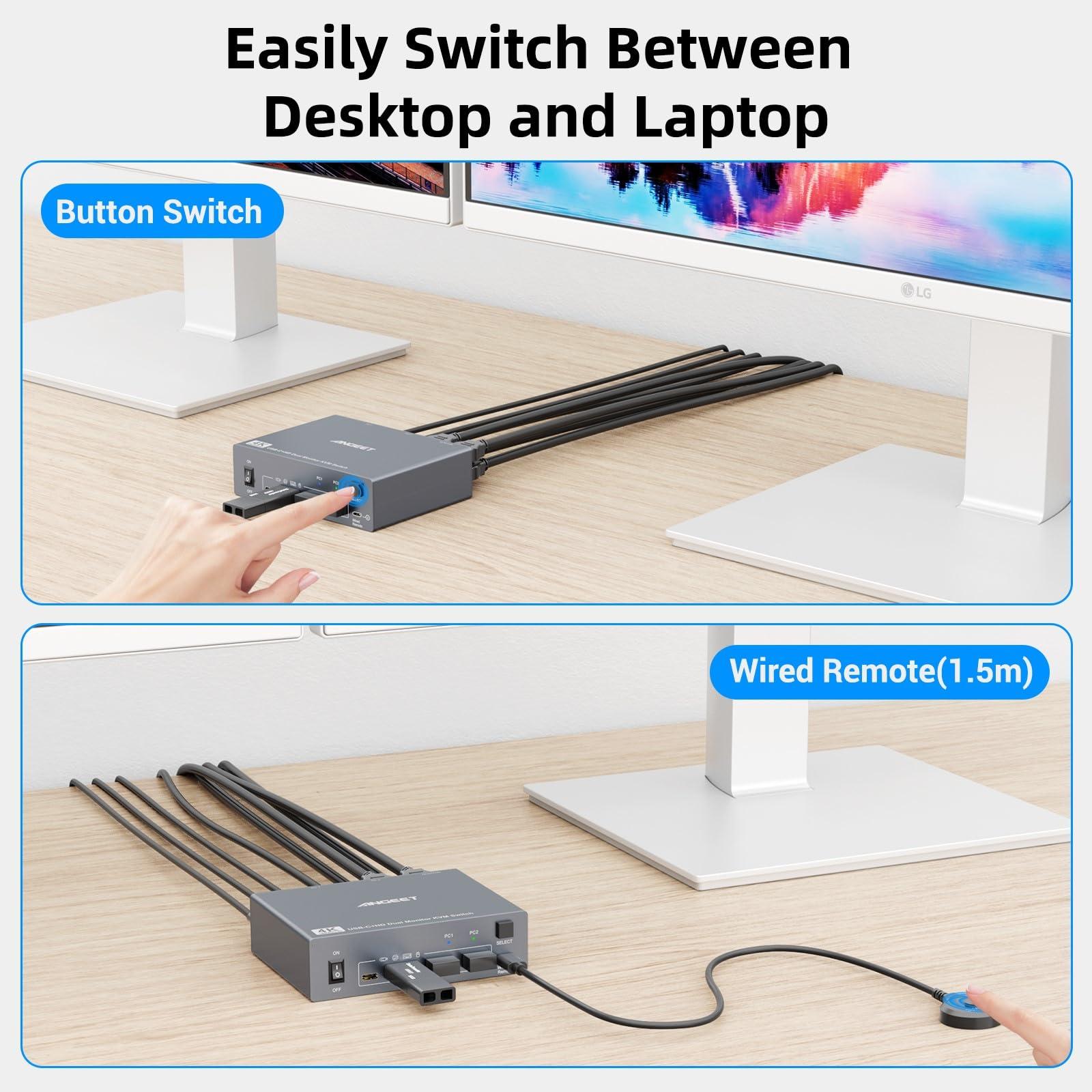 ANGEET Dual Monitor KVM Switch for Laptop & Desktop 4K@60Hz, USB C and HDMI KVM Switch 2 Monitors 2 Computers with 4 USB 3.0 Port for Keyboard Mouse, 80W PD Charging, with Wired Remote and USB C Cable