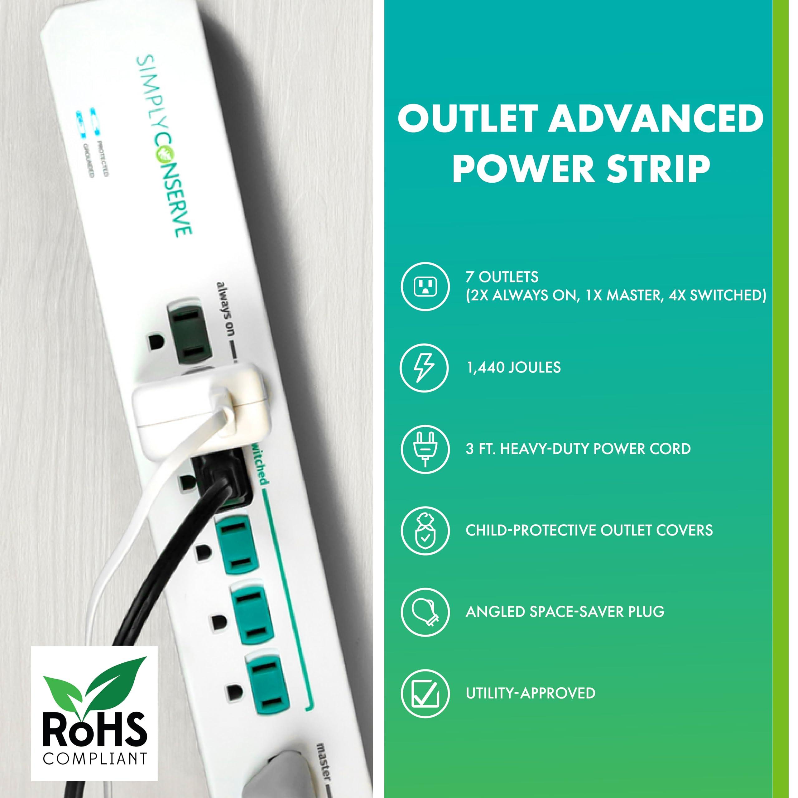 Simply Conserve Simply Conserve Advanced Power Strip SC73T1, Surge Protector Outlets, White Power Strip Extension Cord with Multiple Outlets, Power Surge Strip for Electronics, Energy Saver Device