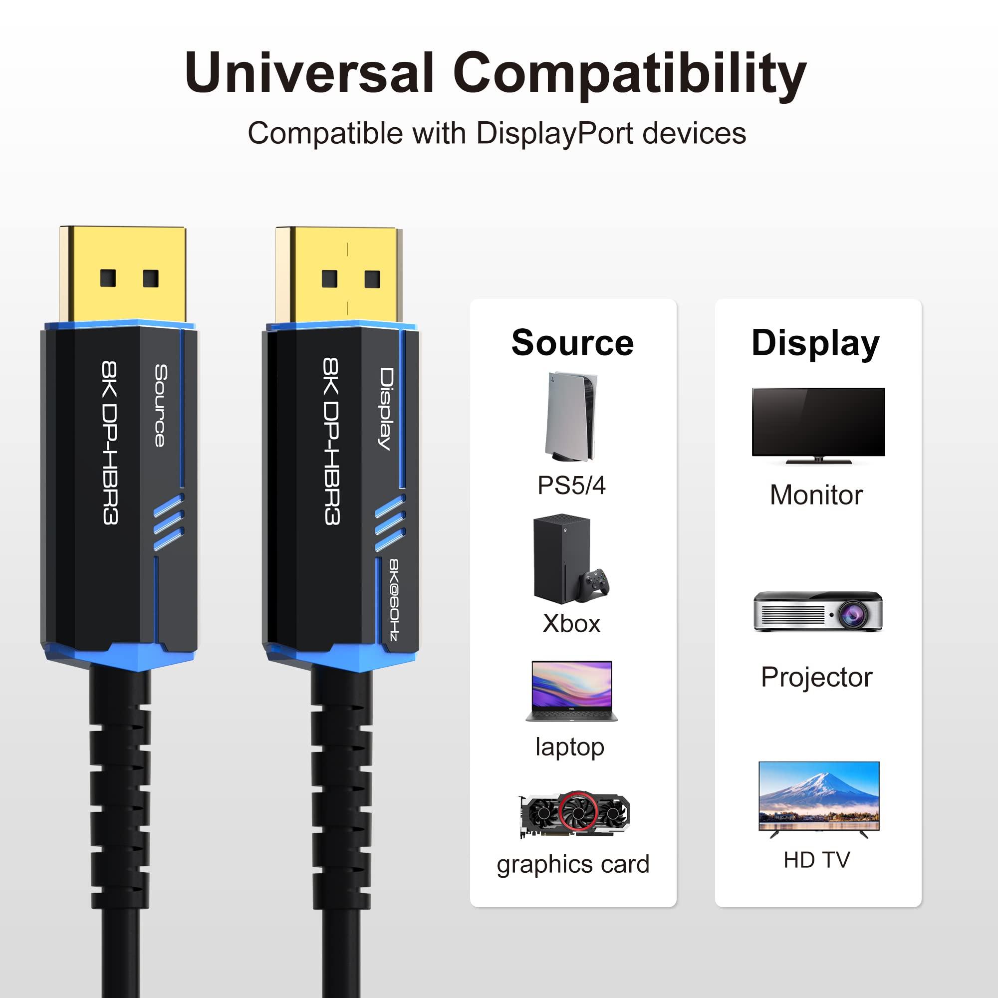 ecjtu 8K Long DP Fiber Optic Cable 130Feet/40m, 8K@60Hz, 4K@144Hz, 32.4Gbps Displayport 1.4 Cable, Gold Plated Connector, Slim and Flexible Cord, Support HBR3, DSC 1.2, HDR10, 3D Visual Effects, VR Headset