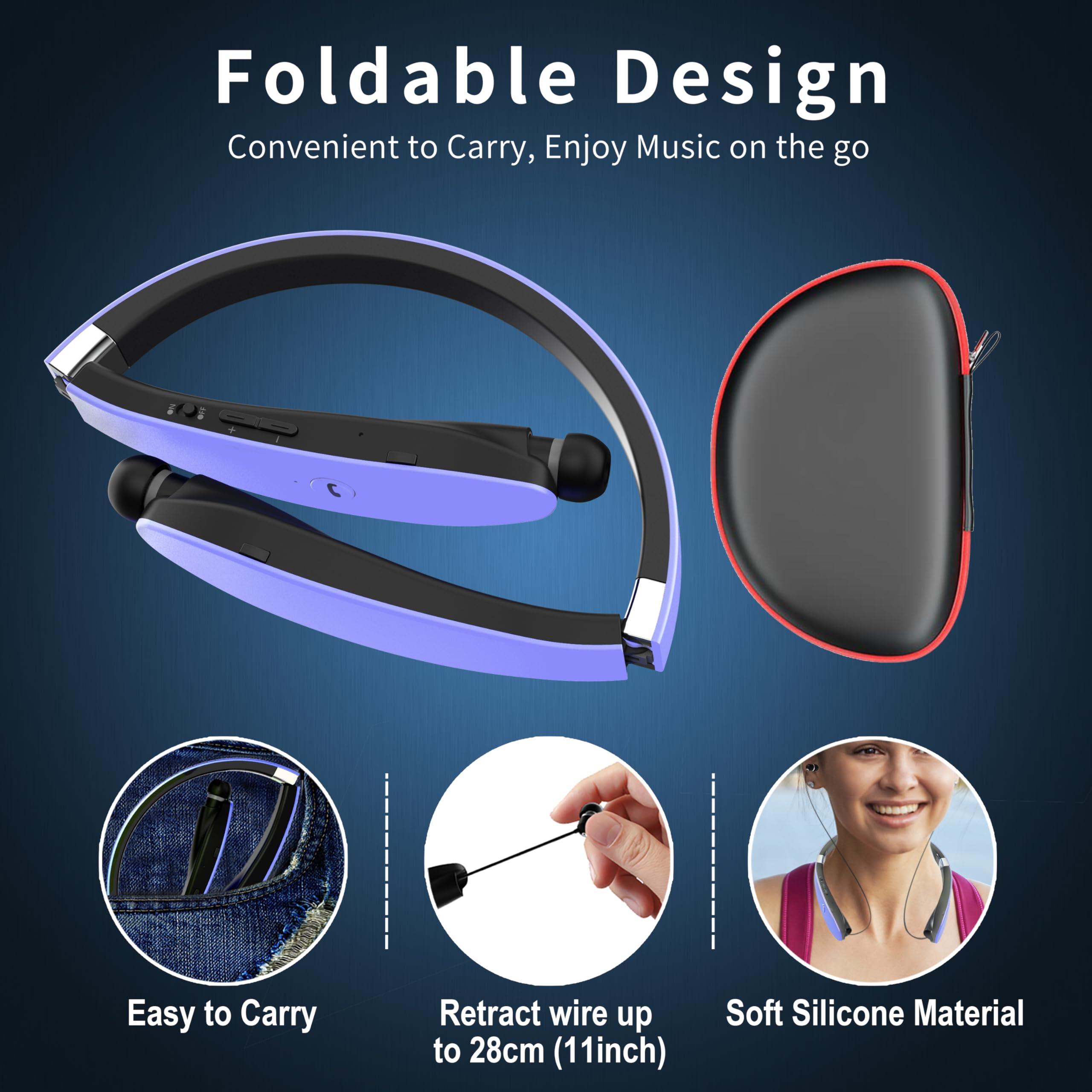 AMORNO AMORNO Foldable Bluetooth Headphones Wireless Neckband Headset with Retractable Earbuds, Sports Sweatproof Noise Cancelling Stereo Earphones with Mic