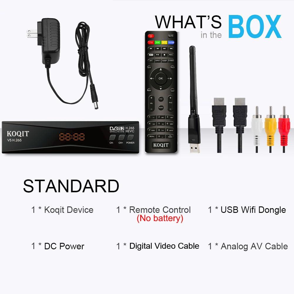 KOQIT Koqit V5H H.265 Free To Air FTA Satellite Receiver DVB-S2 Satellite TV Receiver HEVC DVB S2 Galaxy 19 Receivers Sat DVB Finder Meecast Biss PVU YouTube TV Decoder DVB2IP Box