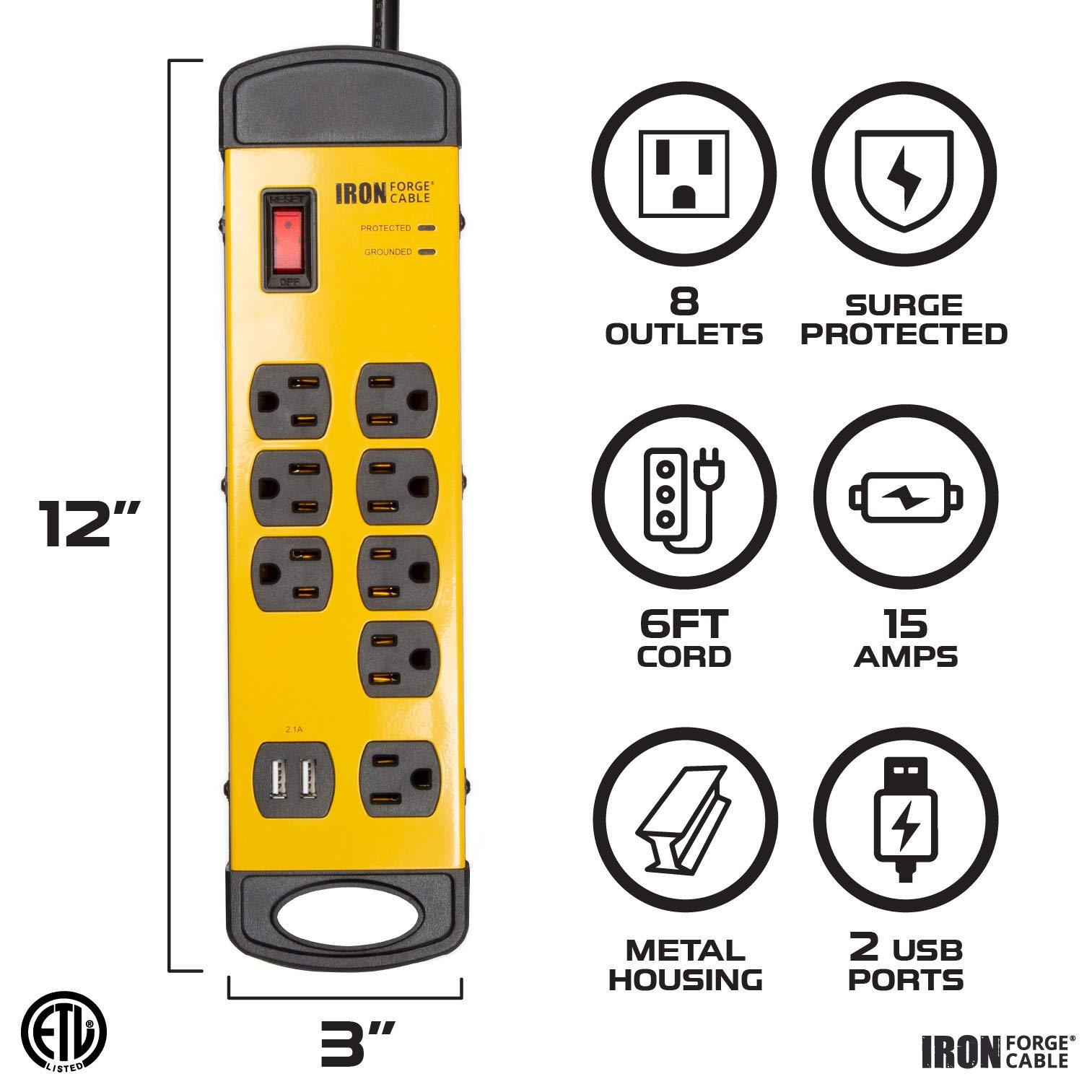 IRON FORGE CABLE Iron Forge Cable 8 Outlet Heavy Duty Surge Protector Power Strip with 2 USB Ports, 14/3 SJT 6 ft Extension Cord, 15 AMP Black & Yellow Metal Power Strips with Surge Protection Built-in Circuit Breaker