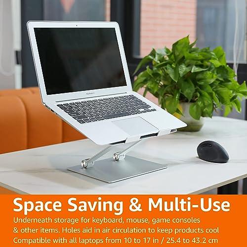 Amazon Basics Amazon Basics Ergonomic and Foldable Laptop Stand for Desk, Adjustable Riser, Fits all Laptops and Notebooks up to 17.3 Inch, 10 x 8.7 x 6 in, Silver